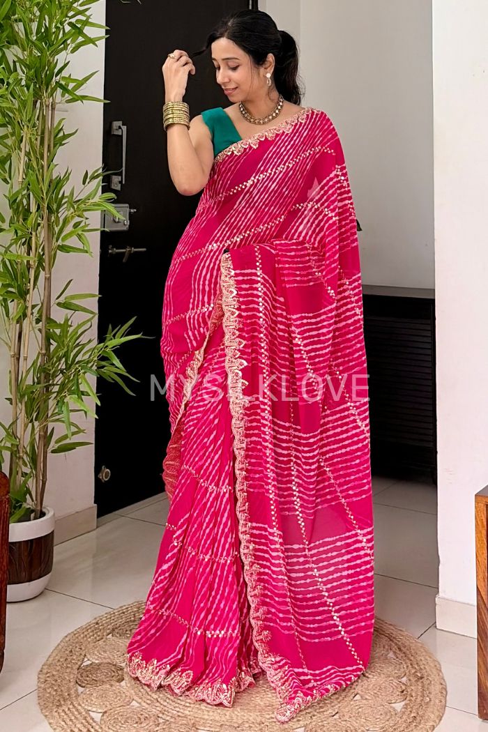 Buy MySilkLove Ruby Pink Designer Bandhani Saree with Designer Handwork Blouse Online