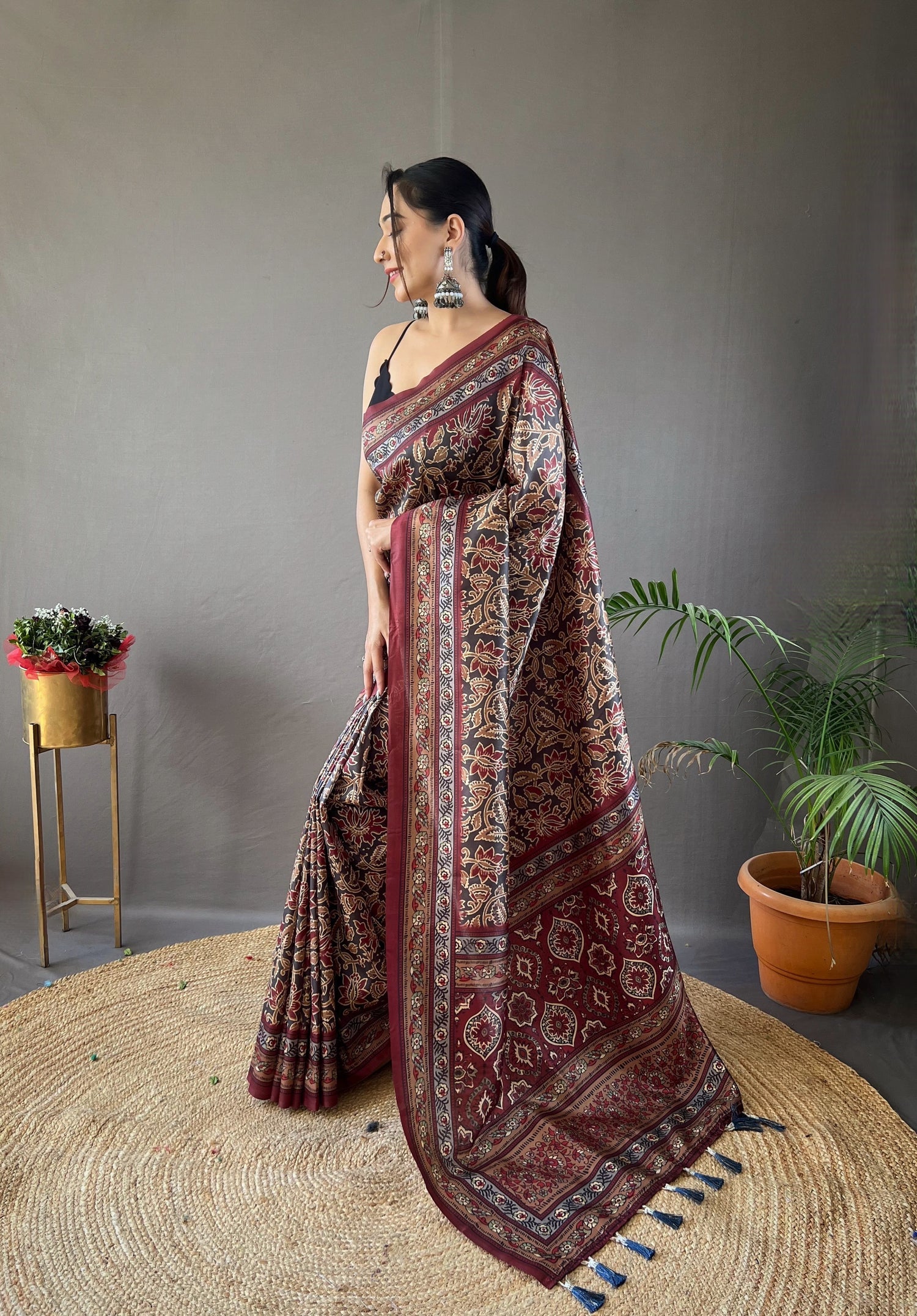 MySilkLove Birch Gery and Brown Ajrakh Printed Saree