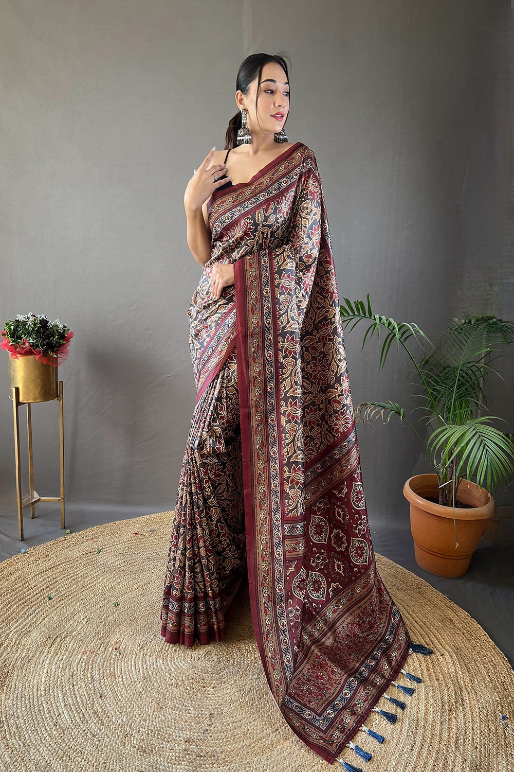 Buy MySilkLove Birch Gery and Brown Ajrakh Printed Saree Online