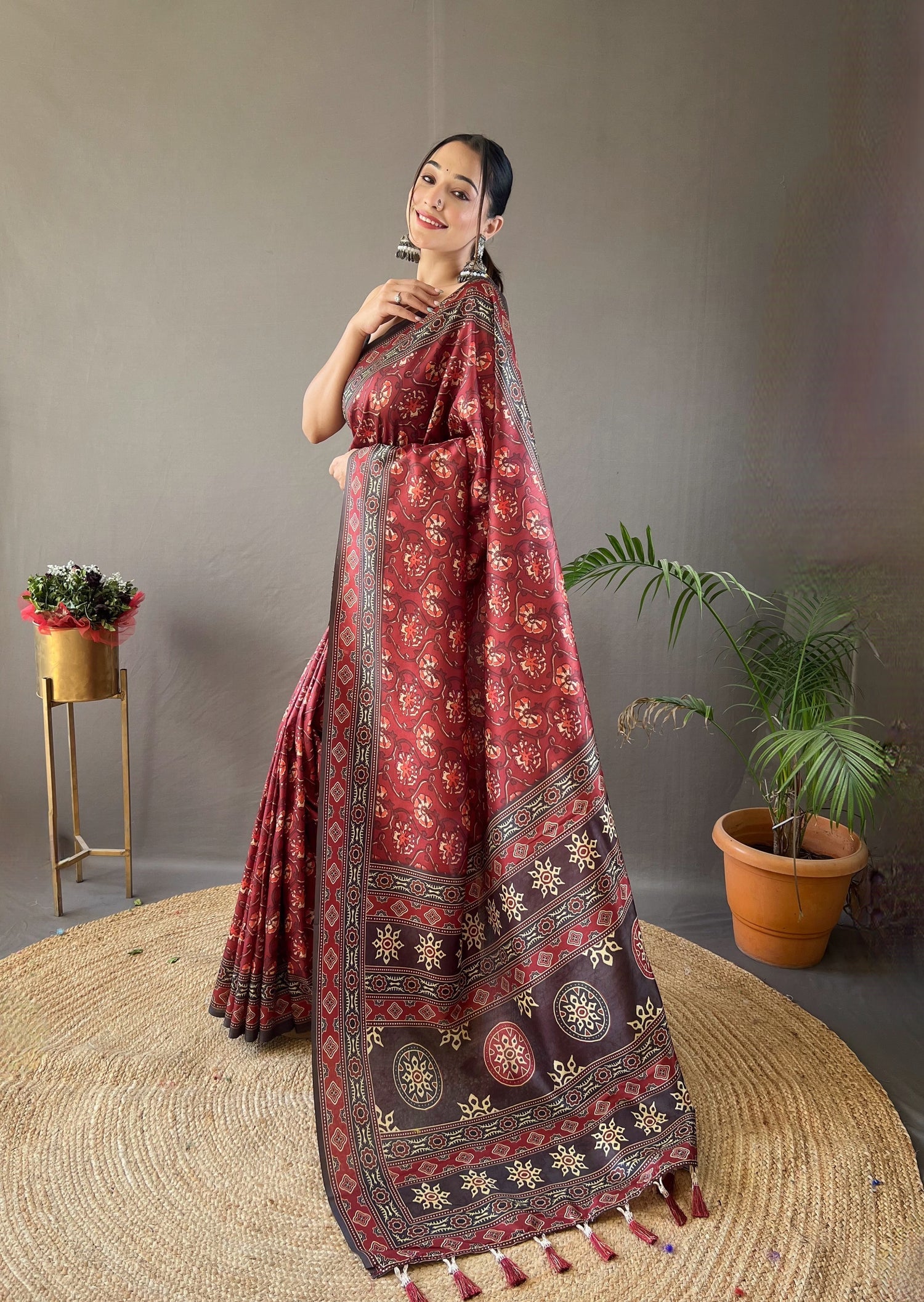 Buy MySilkLove Tosca Maroon Ajrakh Printed Saree Online