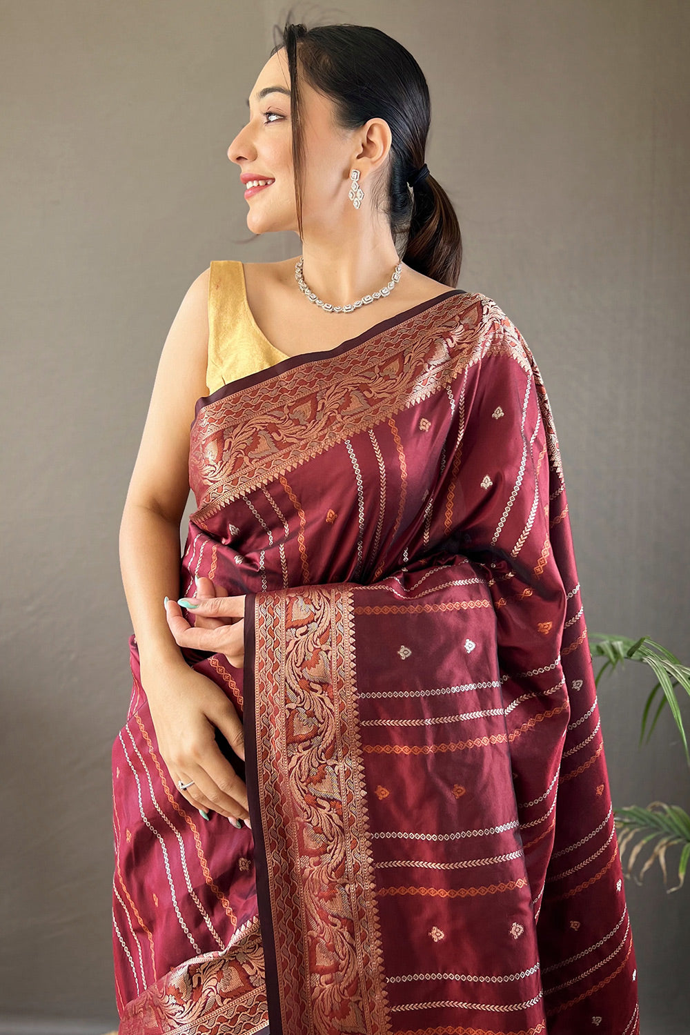 Buy MySilkLove Cannon Maroon Zari Woven Banarasi Saree Online