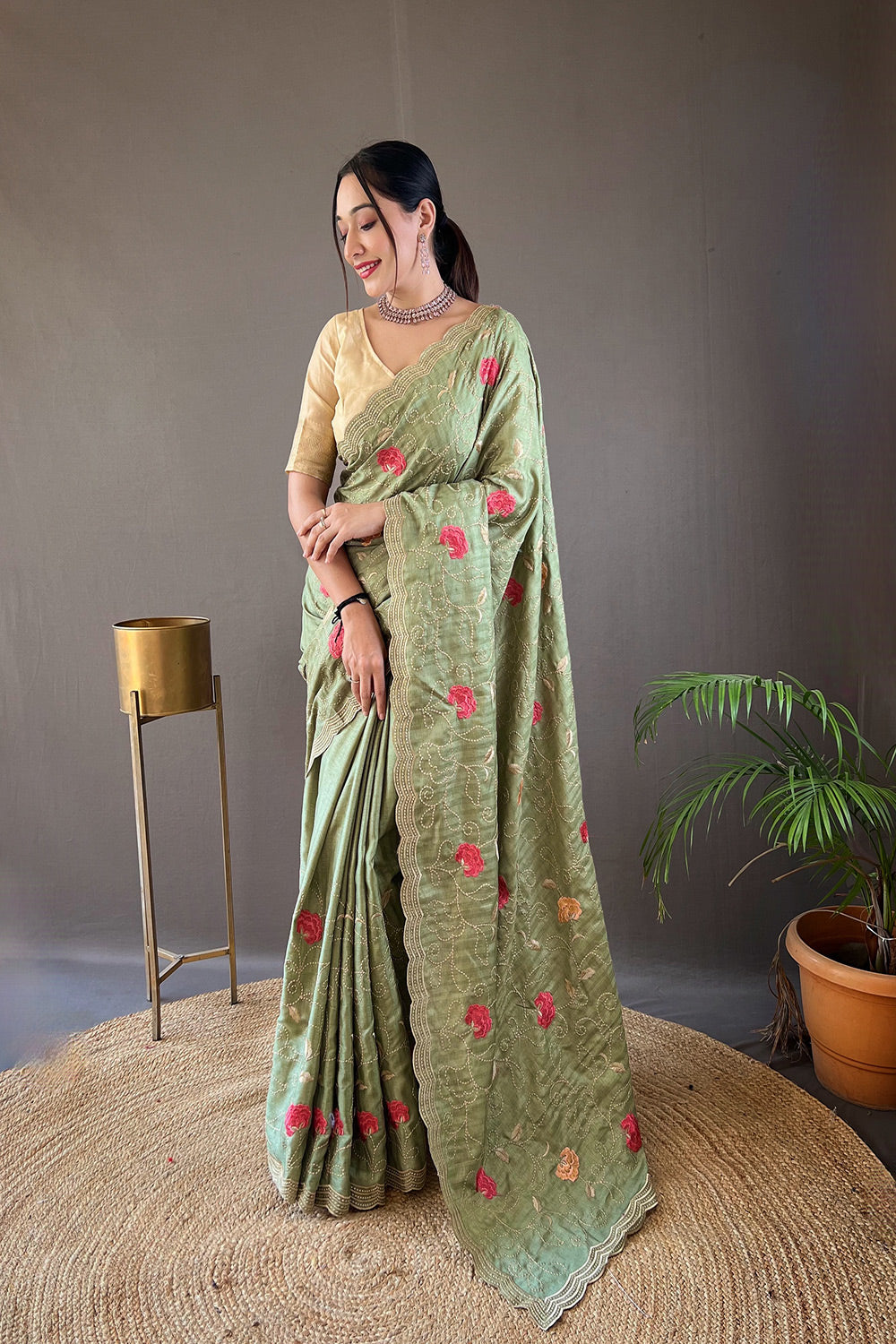 Buy MySilkLove Hillary Green Embroidery Tussar Silk Saree Online