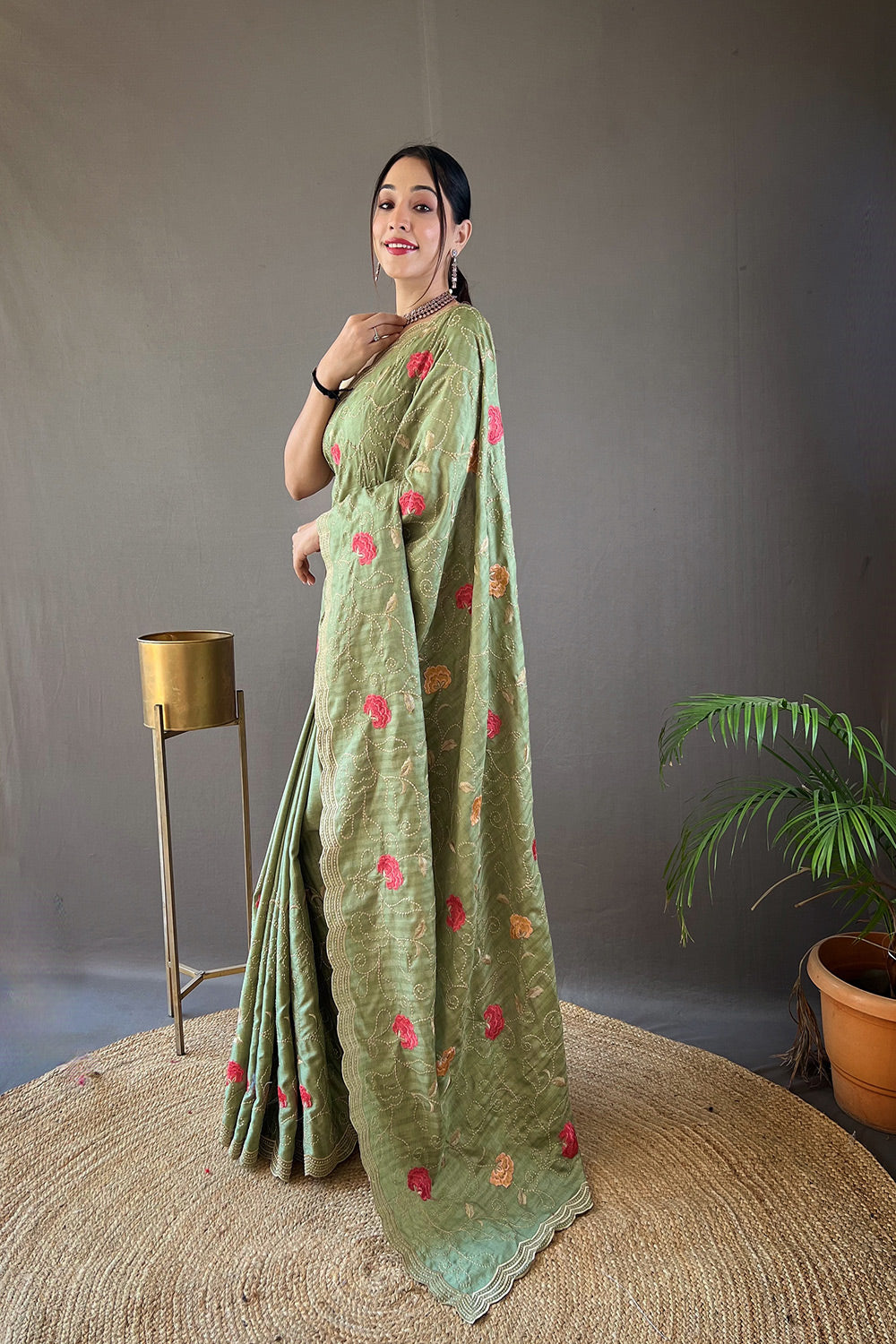 MySilkLove Hillary Green Embroidery Tussar Silk Saree