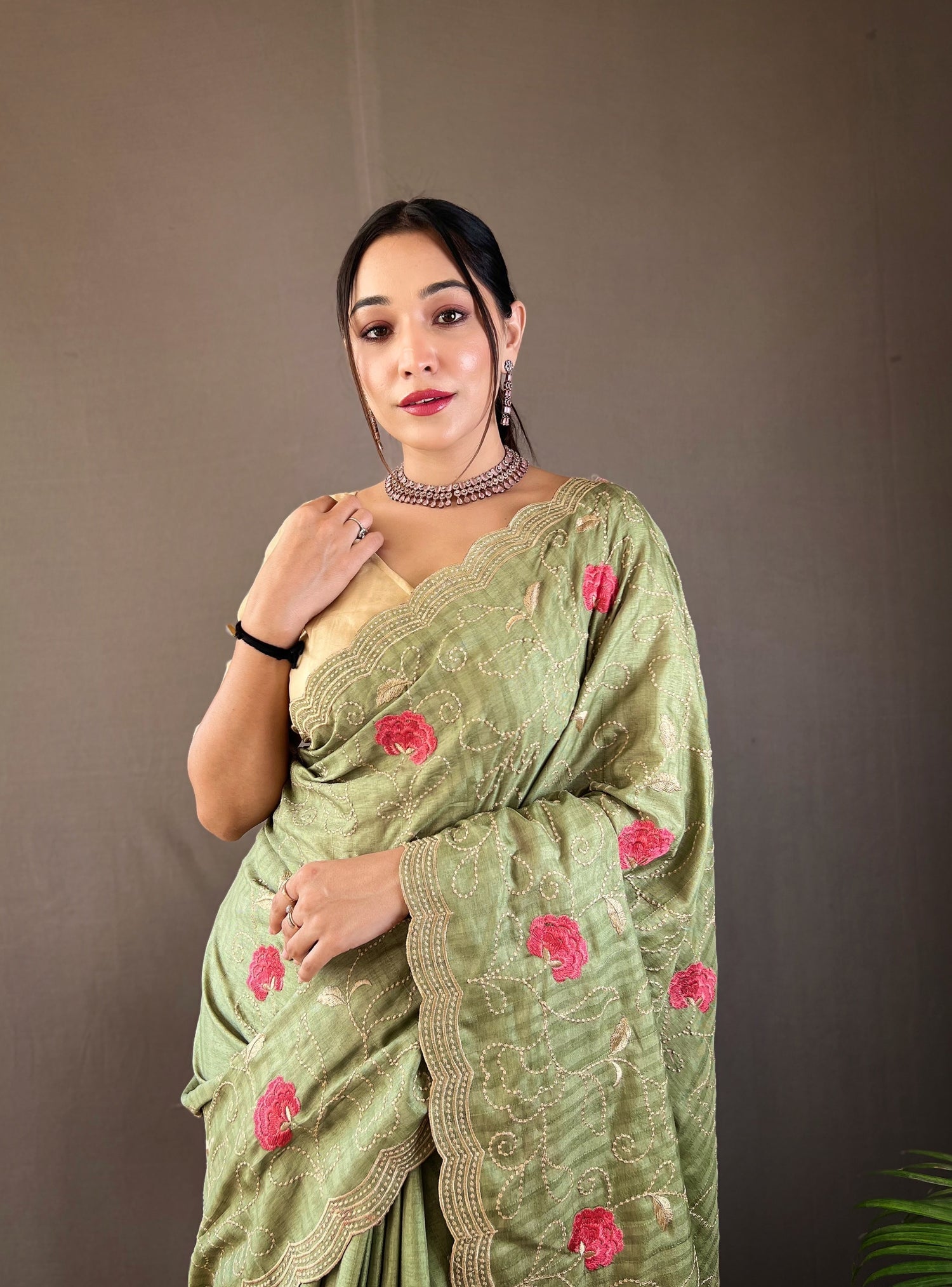 Buy MySilkLove Hillary Green Embroidery Tussar Silk Saree Online