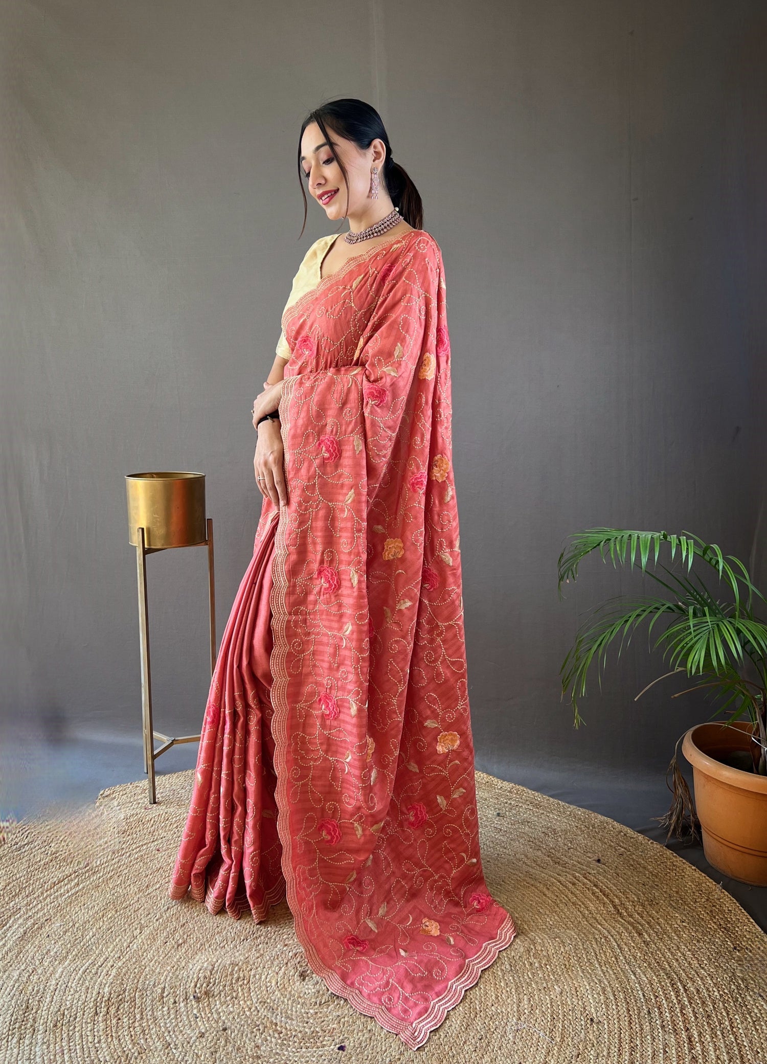 Buy MySilkLove Cedar Chest Orange Embroidery Tussar Silk Saree Online