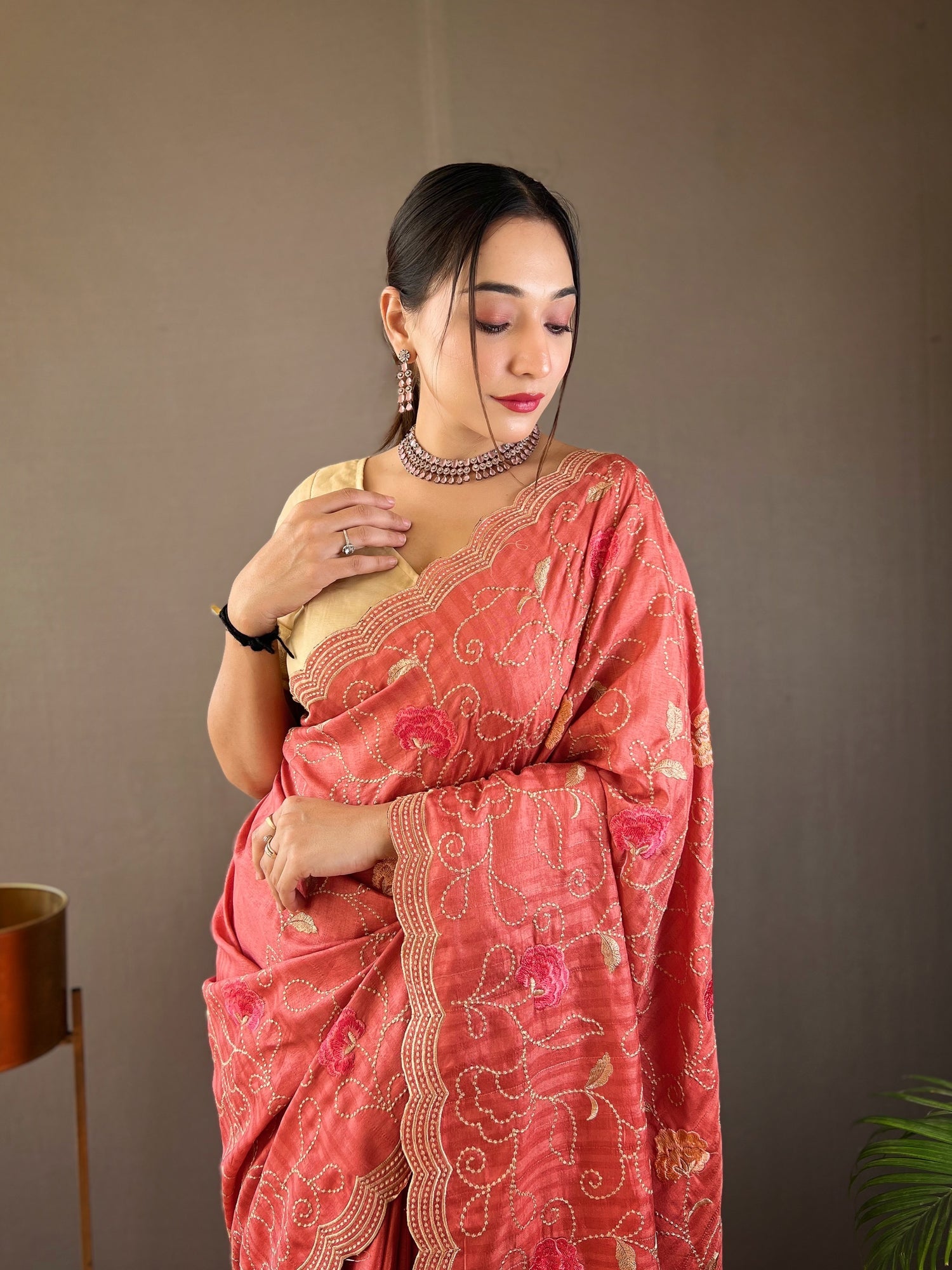 Buy MySilkLove Cedar Chest Orange Embroidery Tussar Silk Saree Online