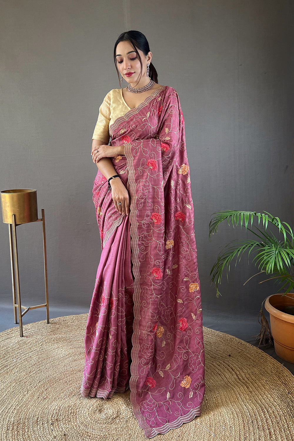 Buy MySilkLove Lotus Pink Embroidery Tussar Silk Saree Online