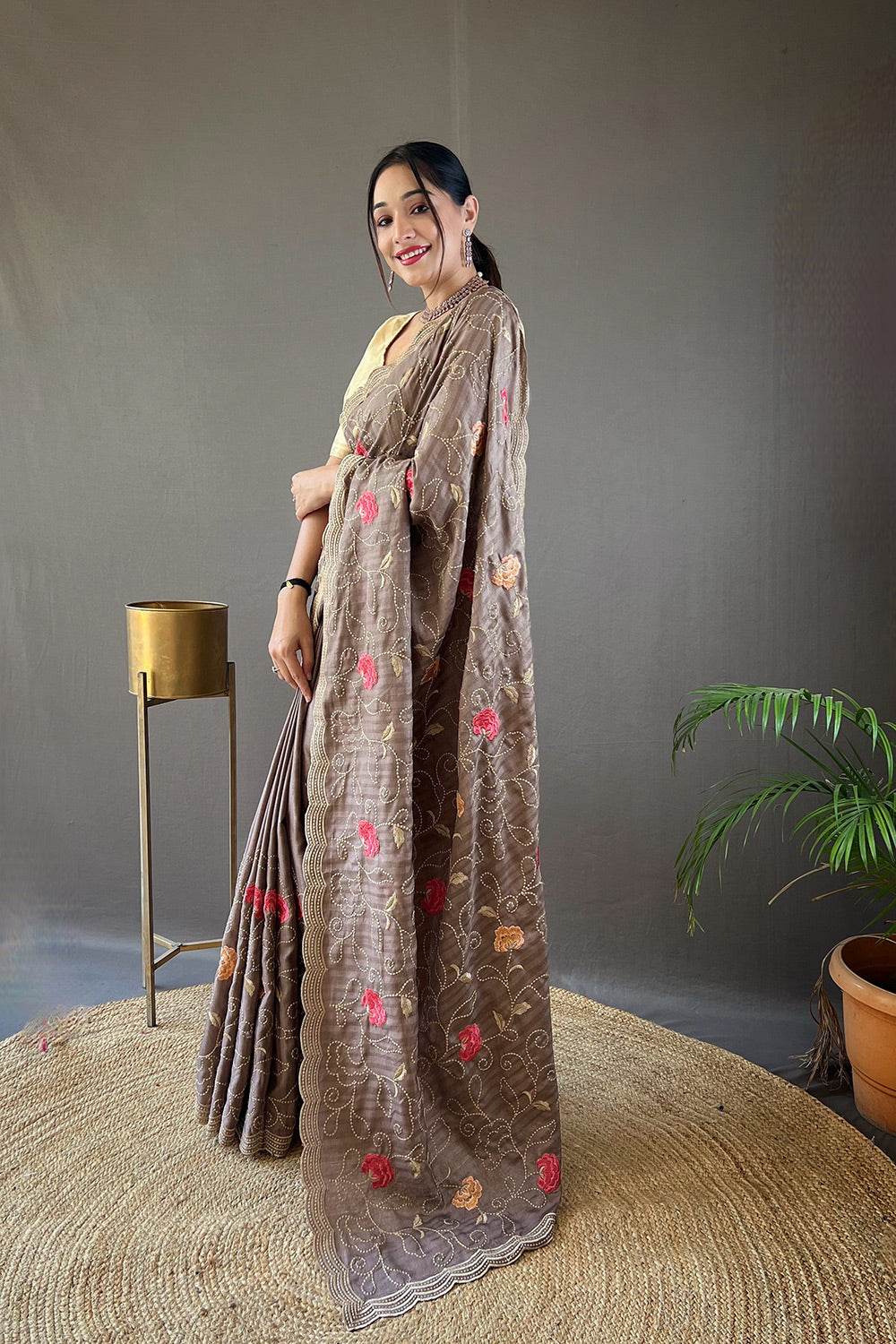 MySilkLove Beaver Brown Embroidery Tussar Silk Saree