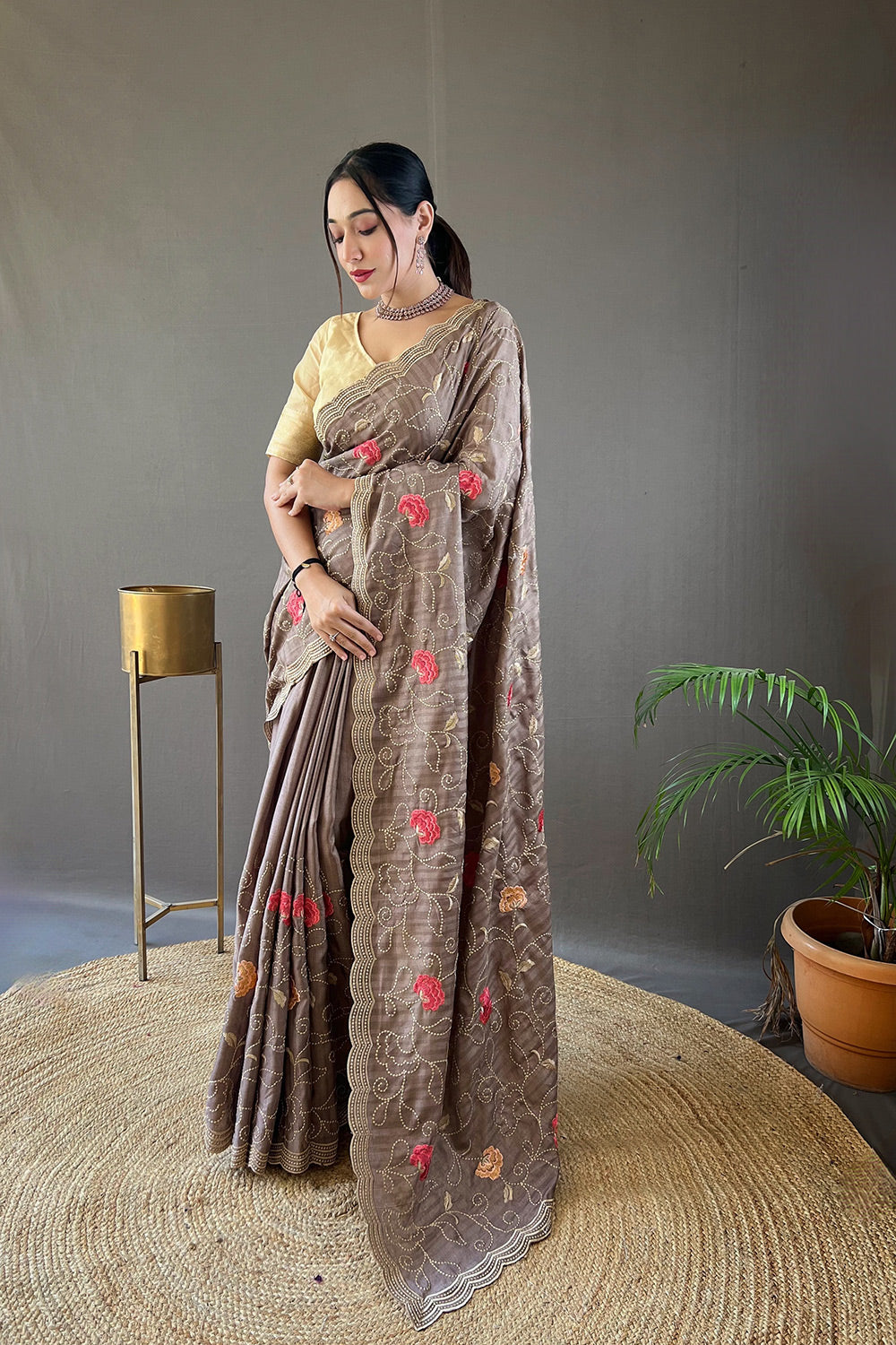 Buy MySilkLove Beaver Brown Embroidery Tussar Silk Saree Online