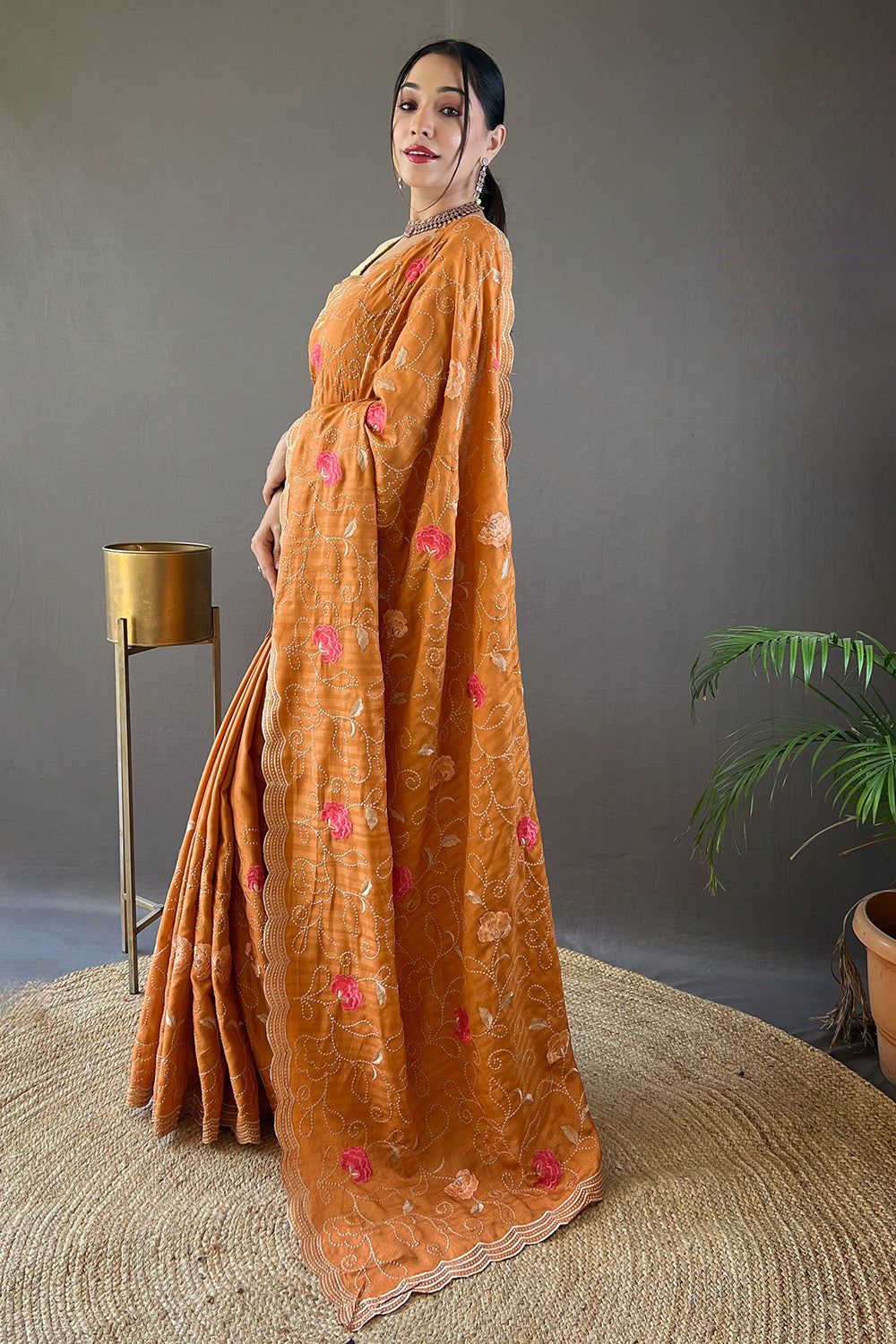 MySilkLove Hawaiian Tan Orange Embroidery Tussar Silk Saree