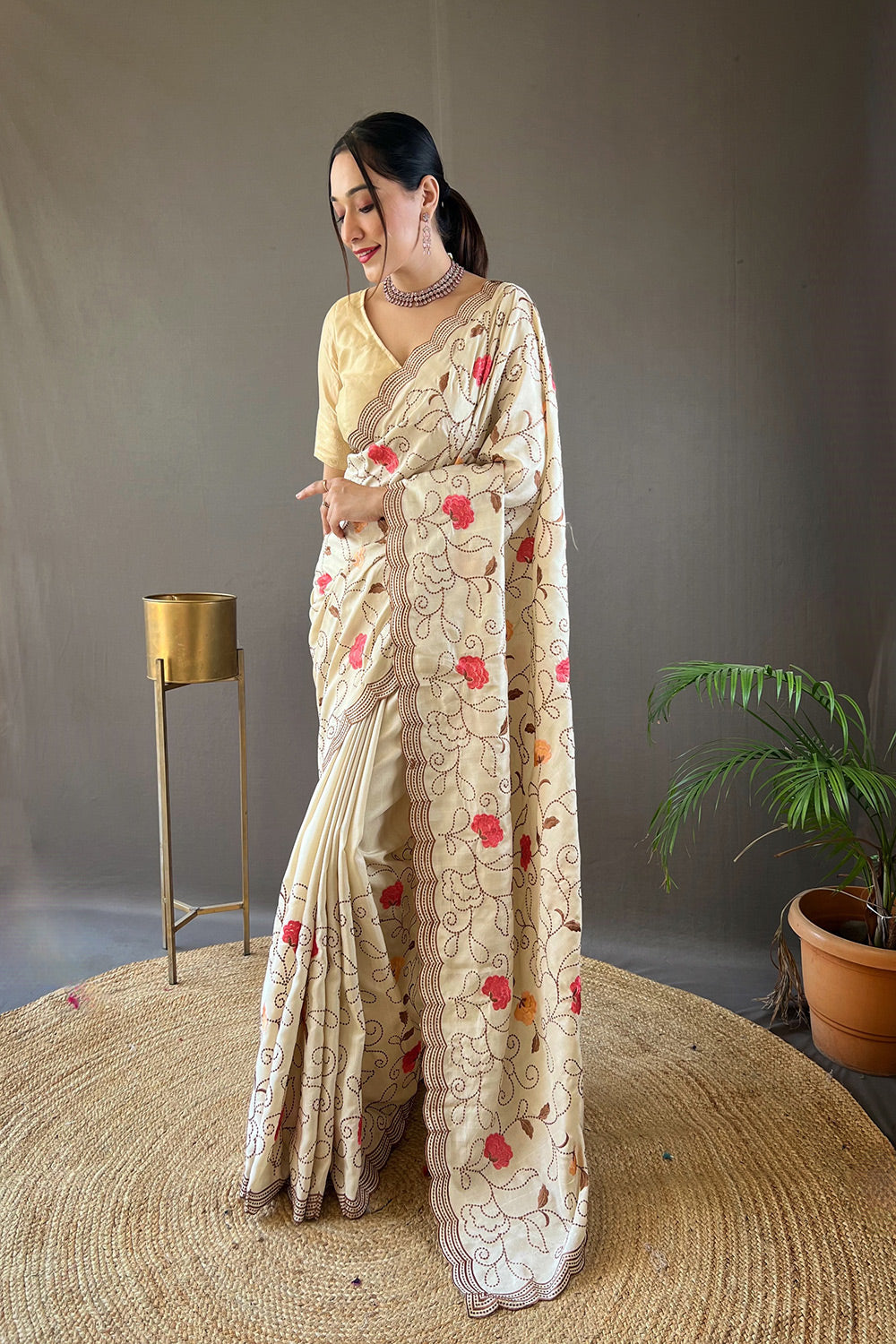 Buy MySilkLove Bone Cream Embroidery Tussar Silk Saree Online