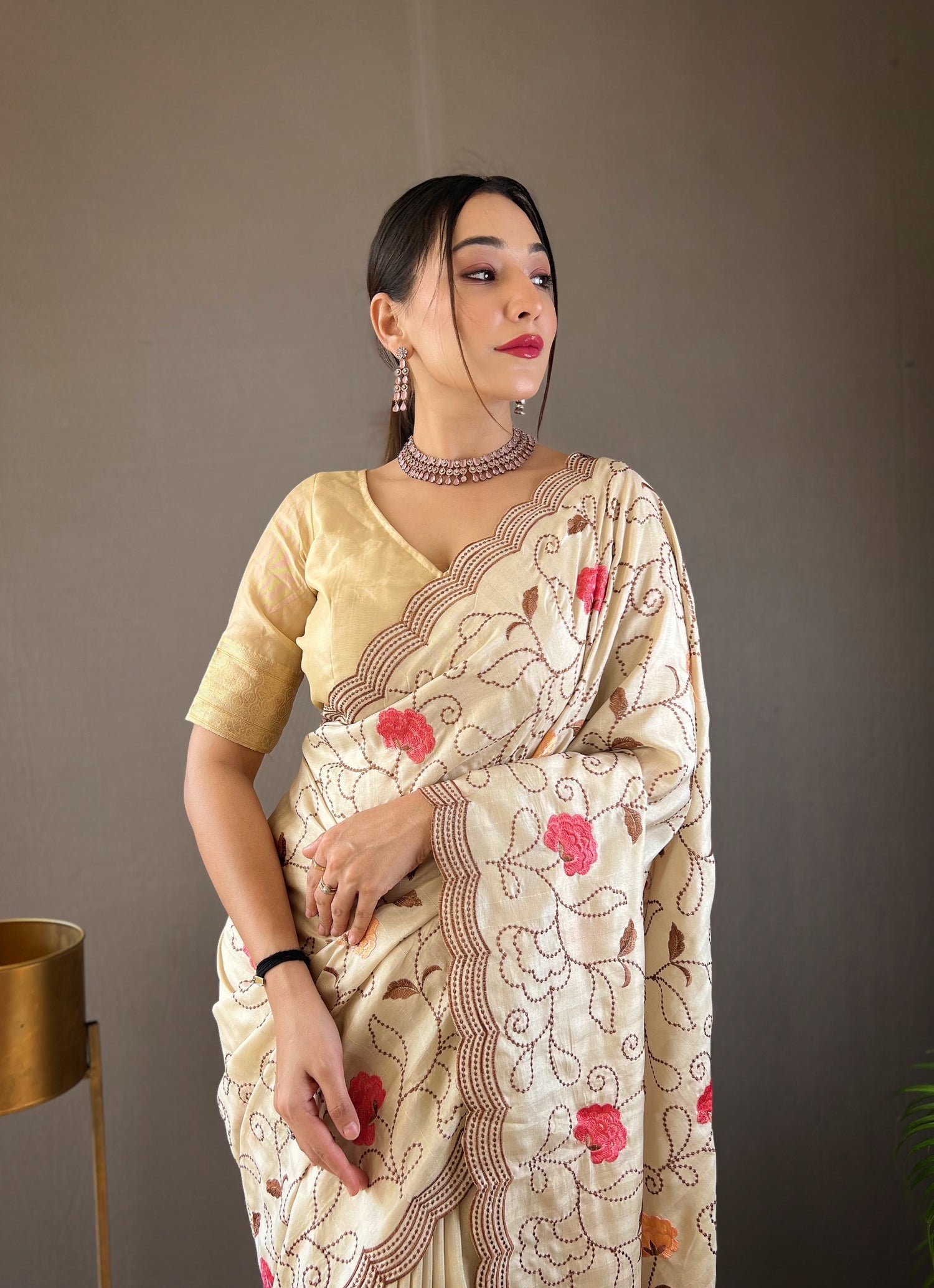 Buy MySilkLove Bone Cream Embroidery Tussar Silk Saree Online