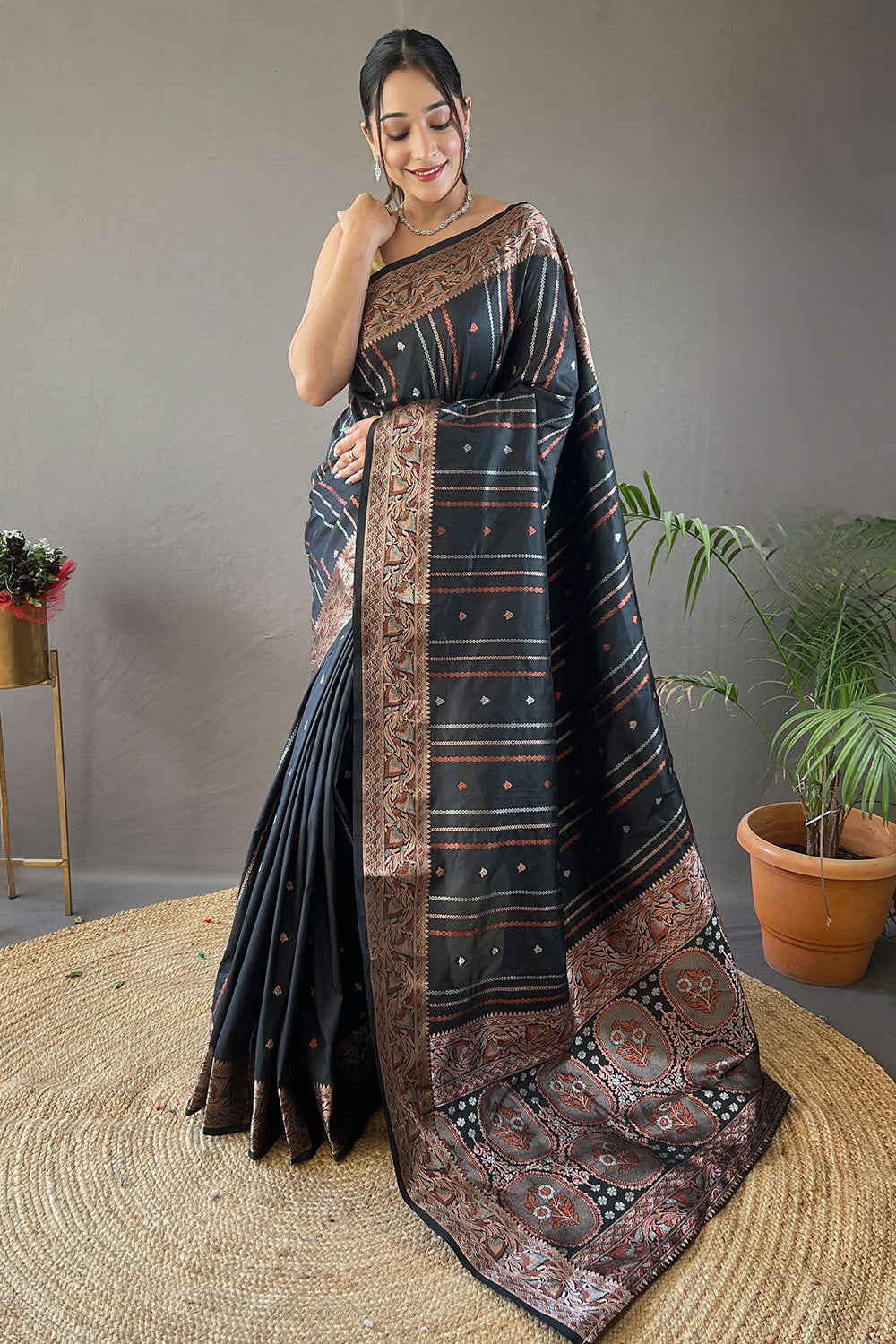 Buy MySilkLove Ebony Clay Black Zari Woven Banarasi Saree Online