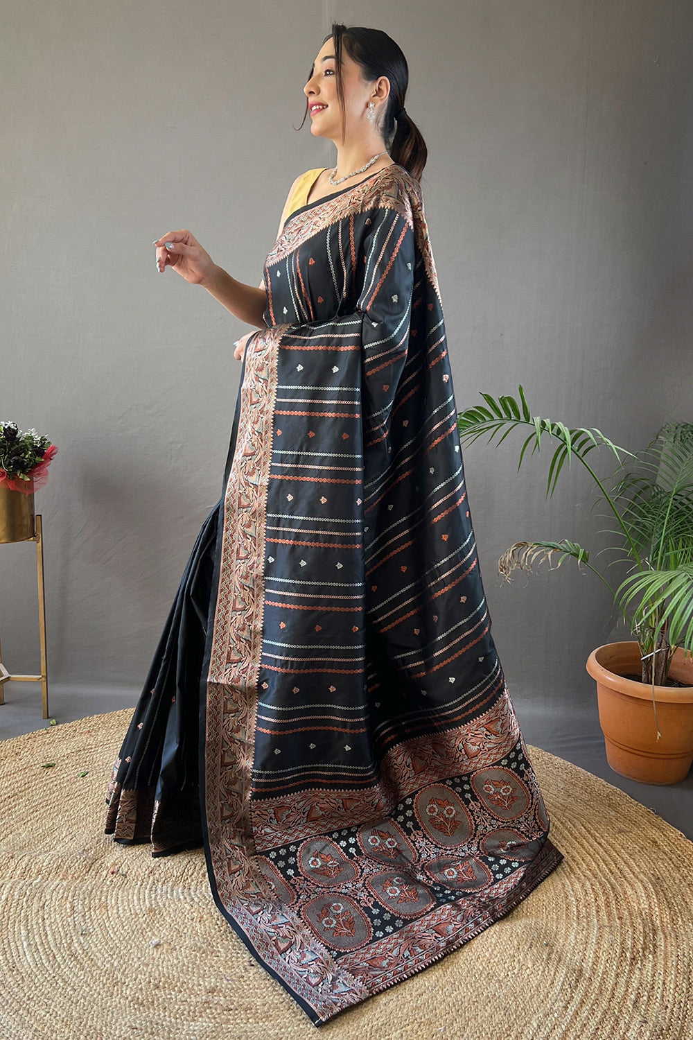 Buy MySilkLove Ebony Clay Black Zari Woven Banarasi Saree Online