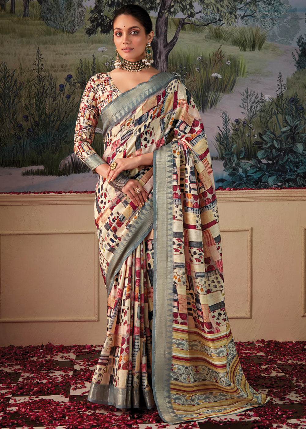 Buy MySilkLove Multicolor Cream Woven Banarasi Tussar Silk Saree Online