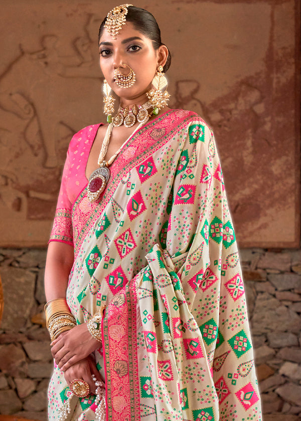 Buy Snow White and Pink Woven Banarasi Saree Online - MySilkLove
