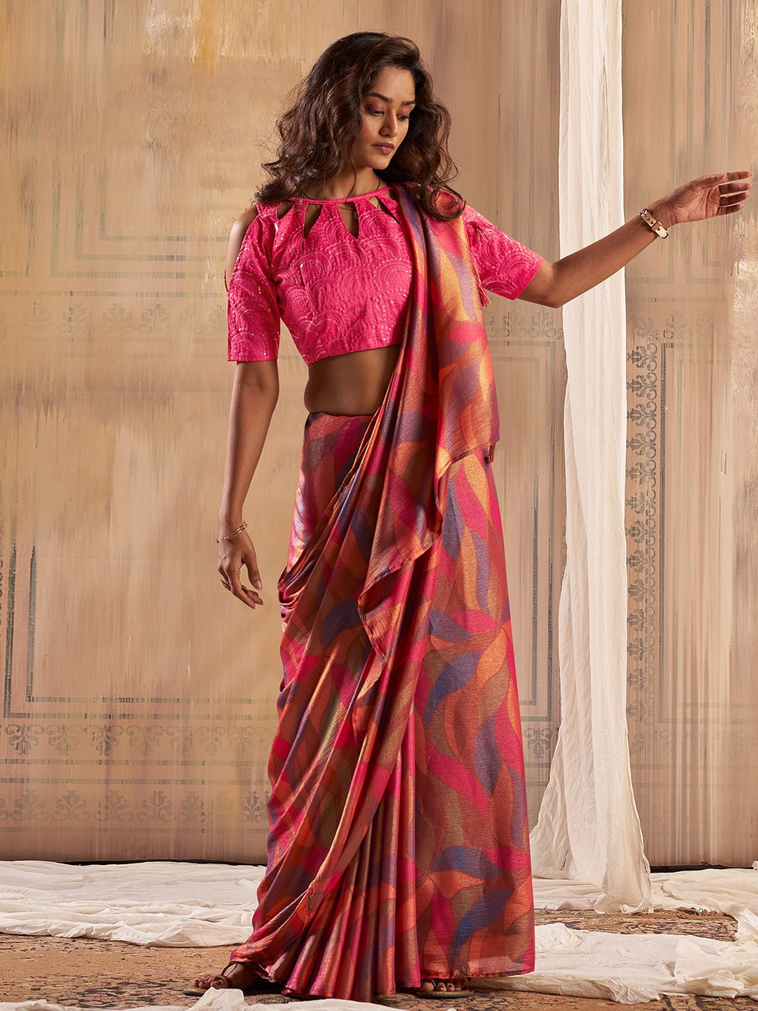 Buy MySilkLove Mahogany Pink Printed Chiffon Saree With Embroidery blouse Online