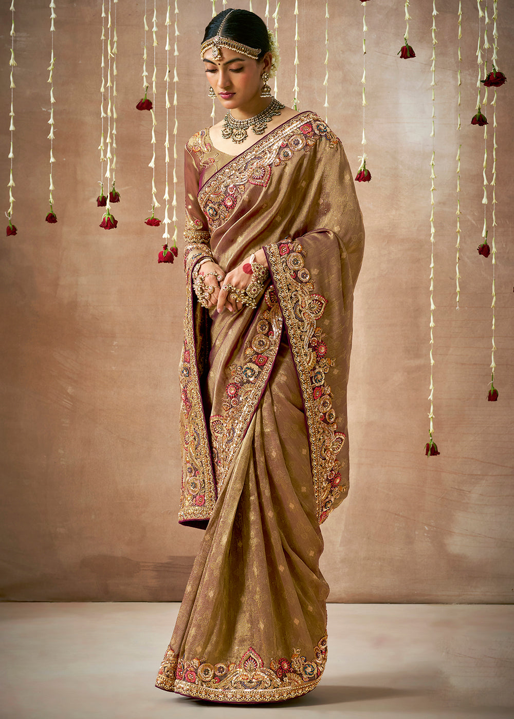 Buy MySilkLove Pecan Brown Zari Woven Embroidery Designer Tissue Dola Silk Saree Online