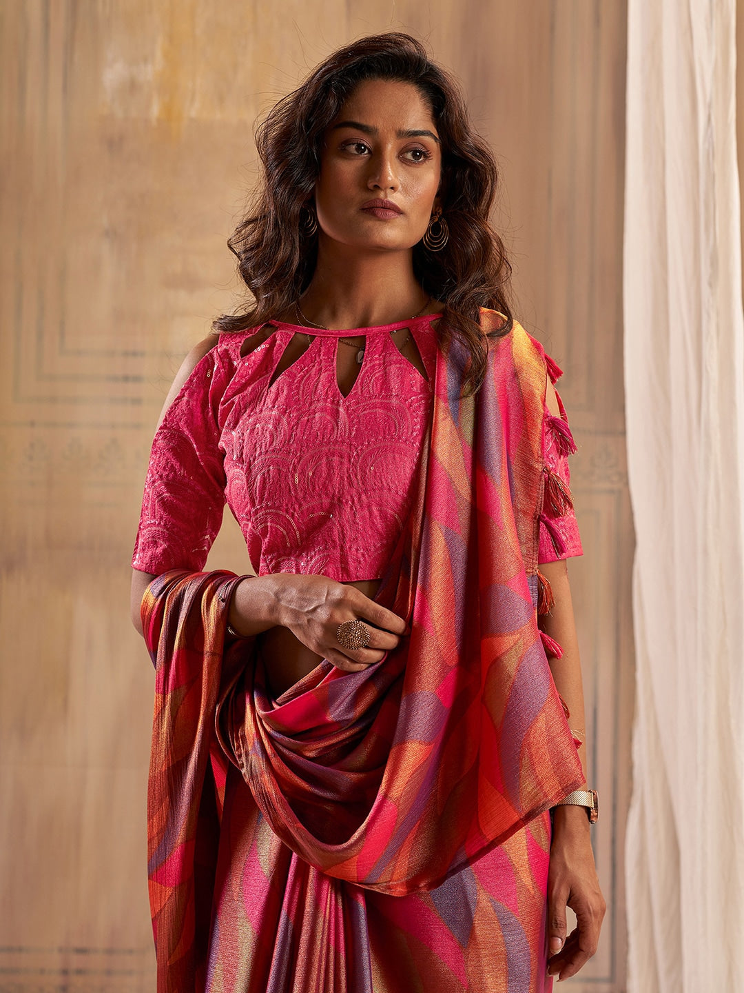 MySilkLove Mahogany Pink Printed Chiffon Saree With Embroidery blouse