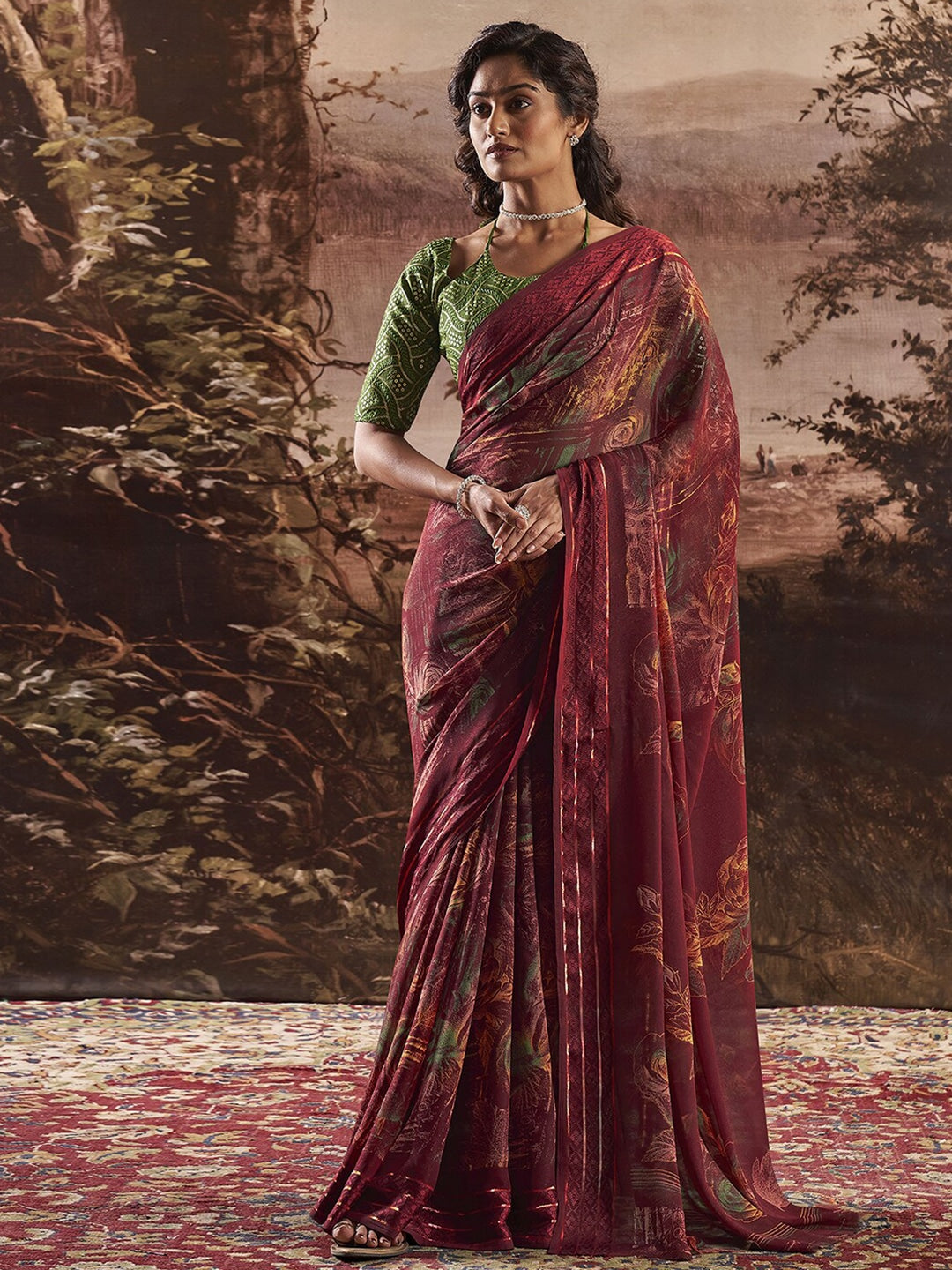 Buy MySilkLove Copper Rust Maroon Georgette Chiffon Saree With Embroidery Blouse Online