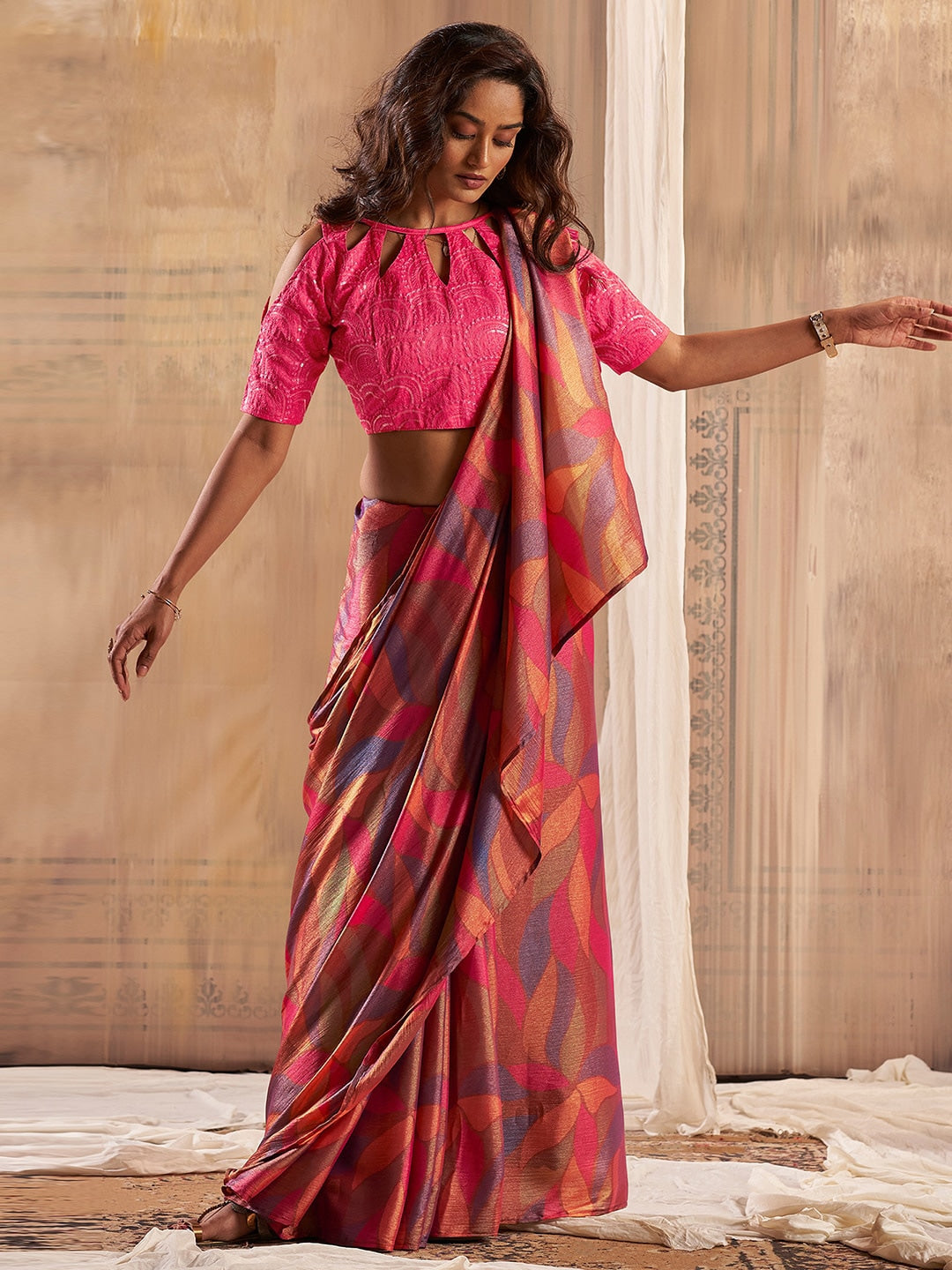 Buy MySilkLove Mahogany Pink Printed Chiffon Saree With Embroidery blouse Online