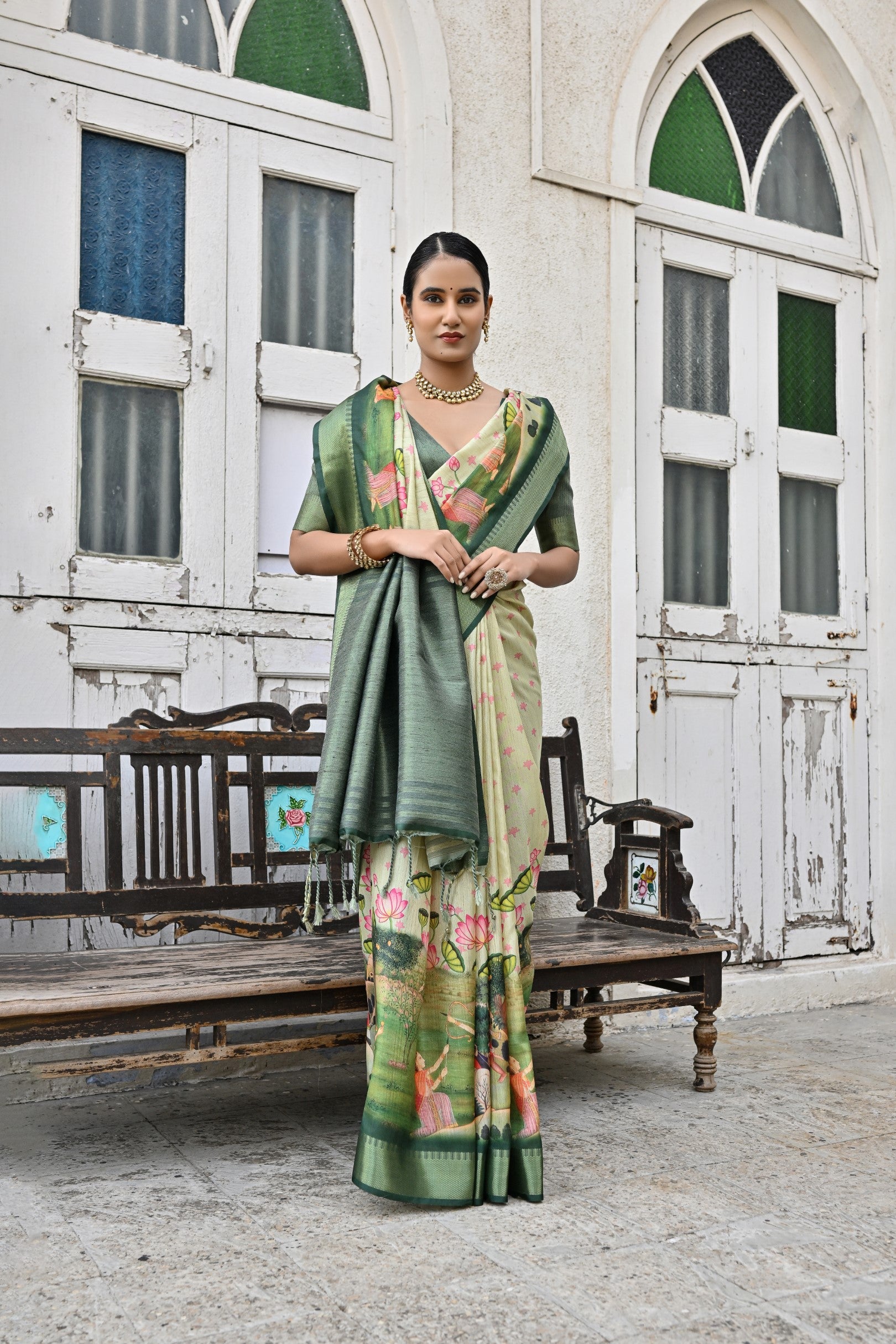 Buy MySilkLove Schist Green Tussar Printed Silk Saree Online