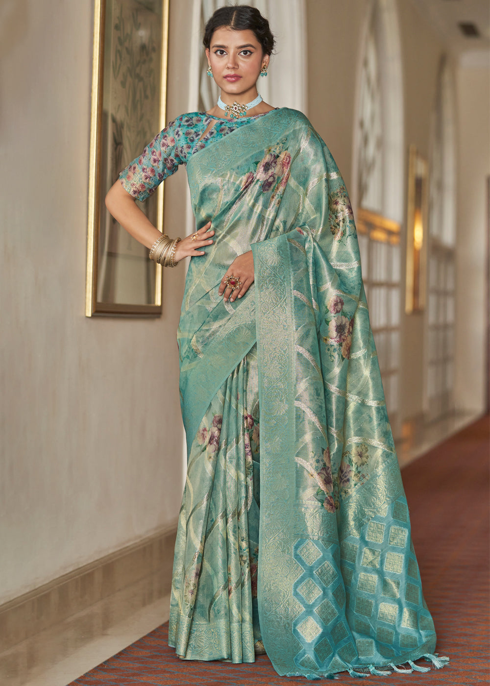Buy MySilkLove Breaker Bay Blue Woven Banarasi Tissue Organza Silk Sare Online