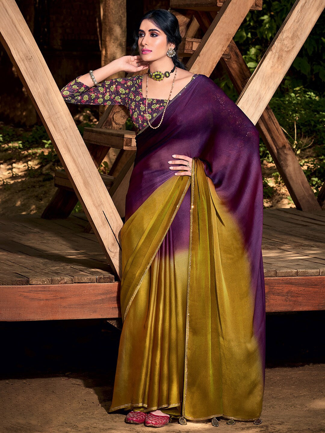 Buy MySilkLove Tawny Port Purple and Yellow Chiffon Saree With Printed Blouse Online