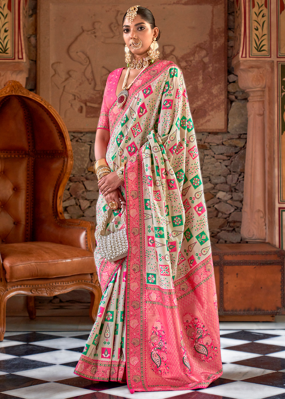 Buy MySilkLove Snow White and Pink Woven Banarasi Saree Online