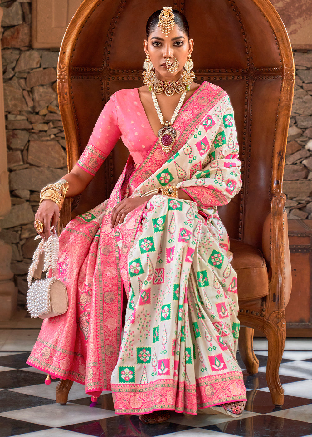 Buy MySilkLove Snow White and Pink Woven Banarasi Saree Online