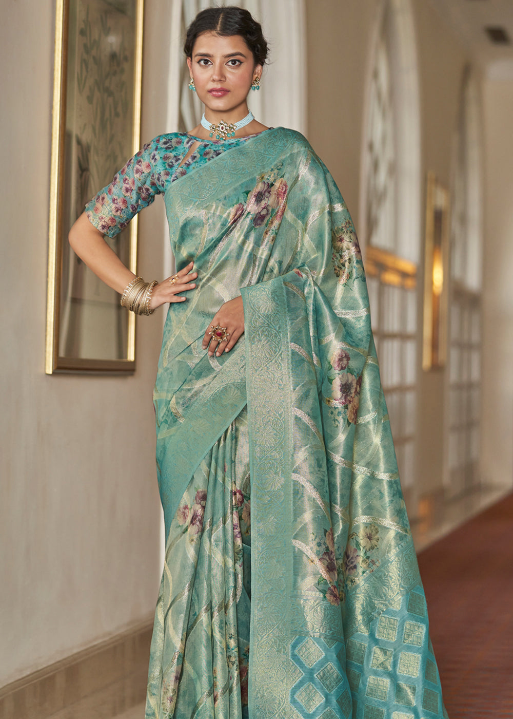 Buy MySilkLove Breaker Bay Blue Woven Banarasi Tissue Organza Silk Sare Online