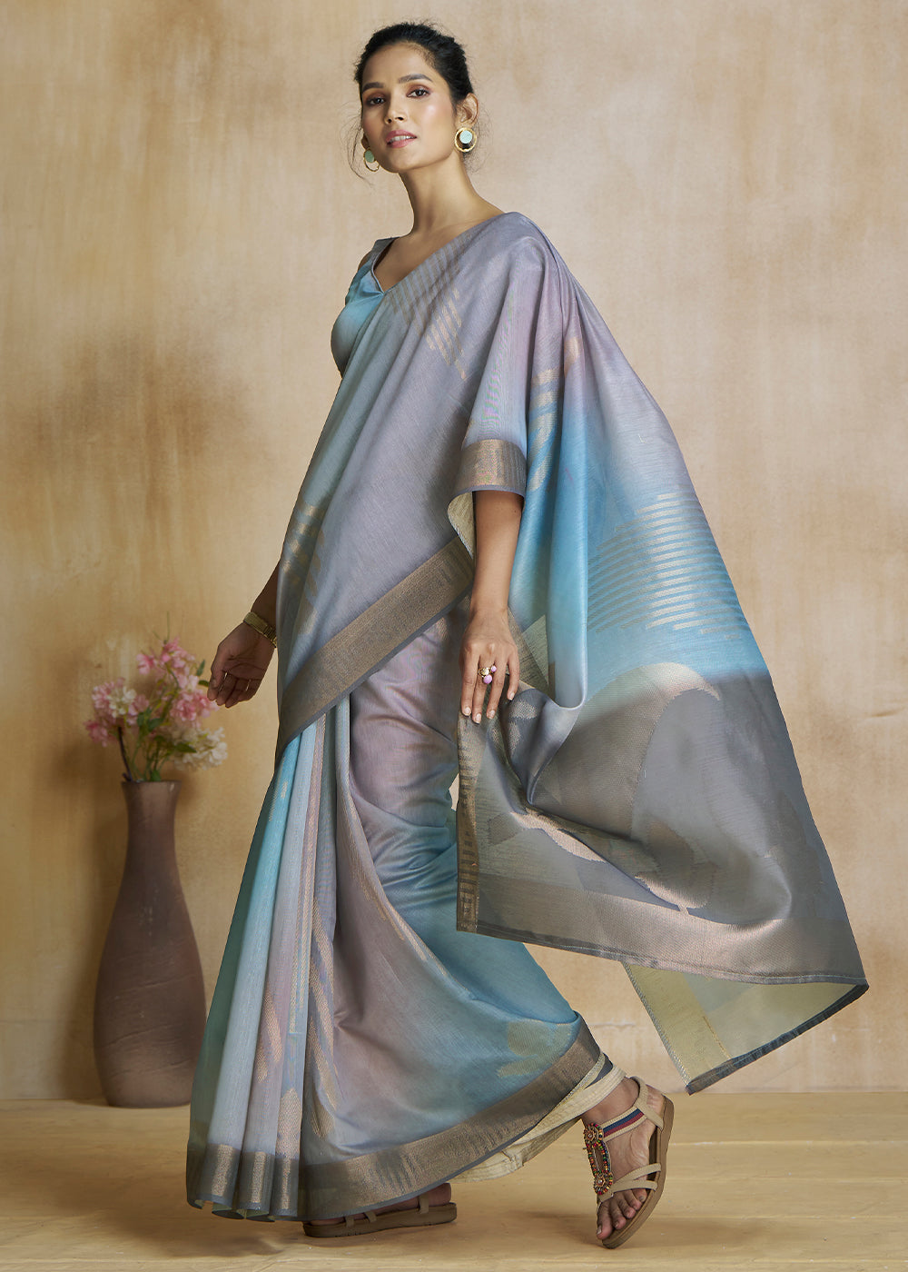 Buy MySilkLove Stone Blue and Grey Tissue Woven Soft Silk Saree Online