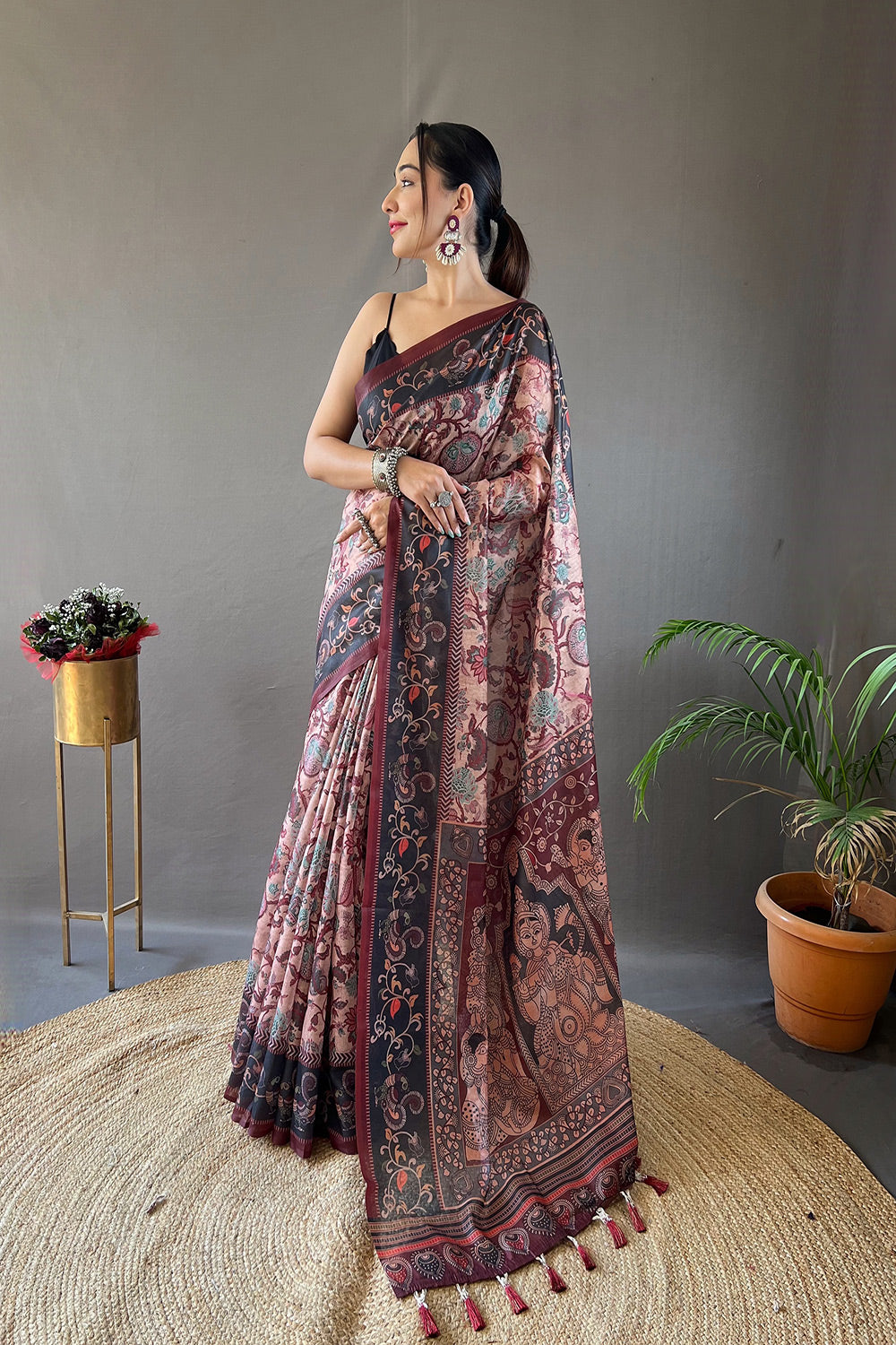 MySilkLove Eunry Peach and Black Printed Cotton Kalamkari Saree