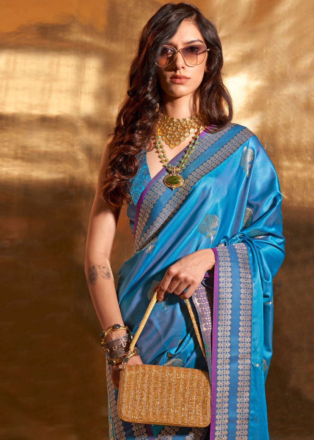 MySilkLove Blueberry Blue Woven Banarasi Satin Silk Saree