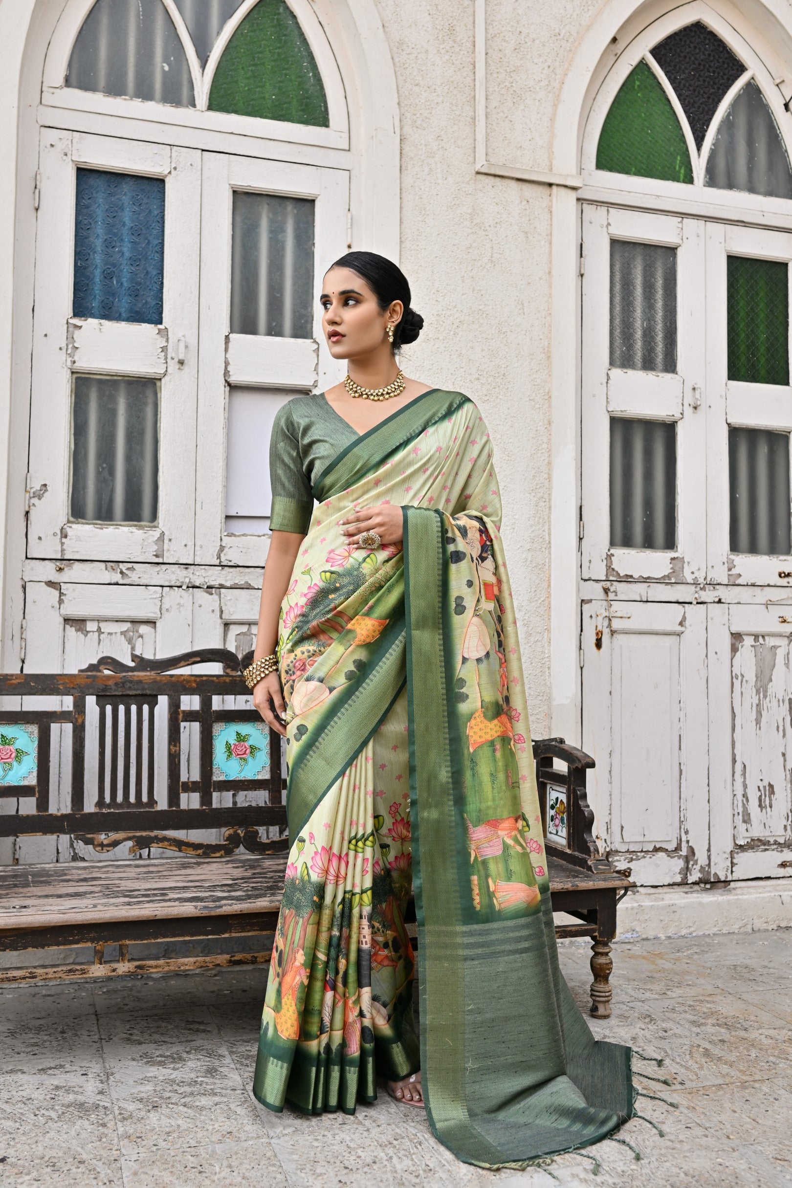 Buy MySilkLove Schist Green Tussar Printed Silk Saree Online