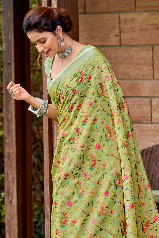 MySilkLove Pesto Green Handcrafted Linen Saree