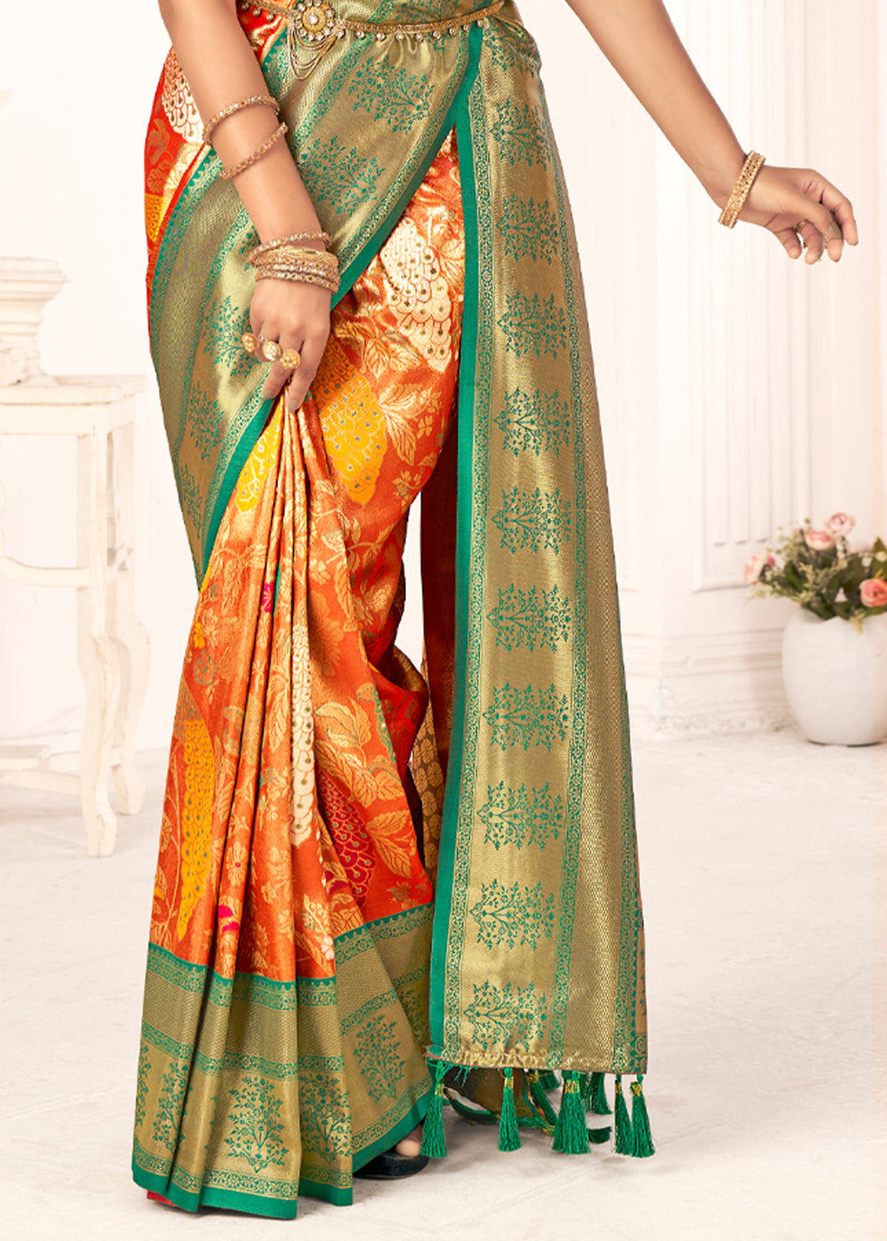 Buy MySilkLove Fire Bush Orange Woven Paithani Fusion Kanjivaram Silk Saree Online