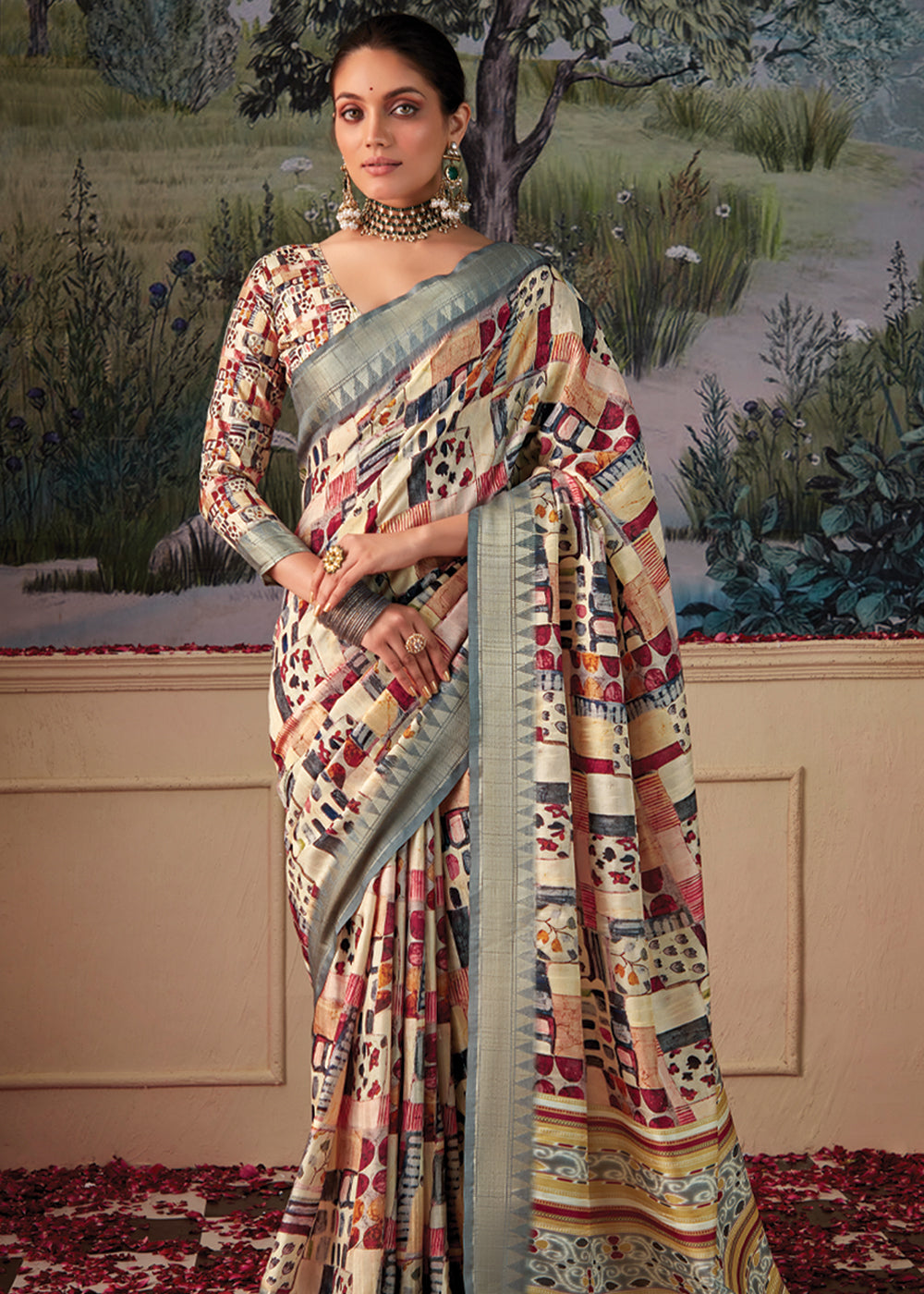 Buy MySilkLove Multicolor Cream Woven Banarasi Tussar Silk Saree Online