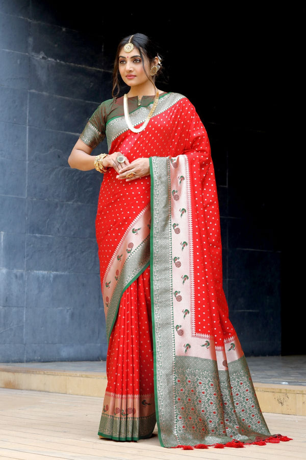Crimson Red and Green Banarasi Paithani Silk Saree