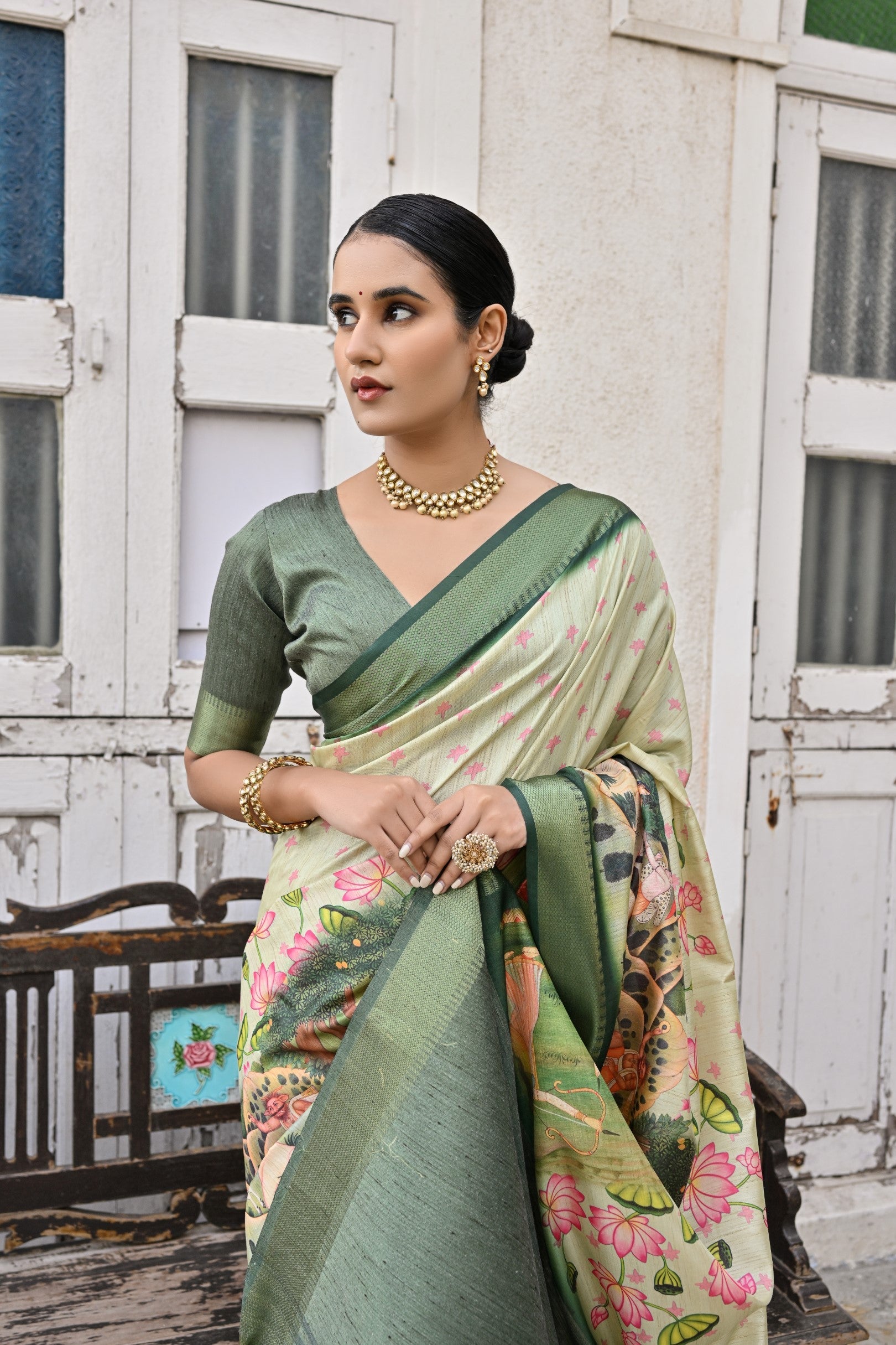 MySilkLove Schist Green Tussar Printed Silk Saree