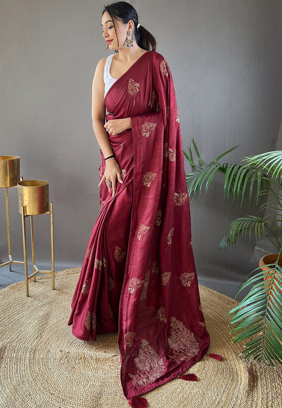 Buy MySilkLove Persian Plum Maroon Embroidered Tussar Silk Saree Online