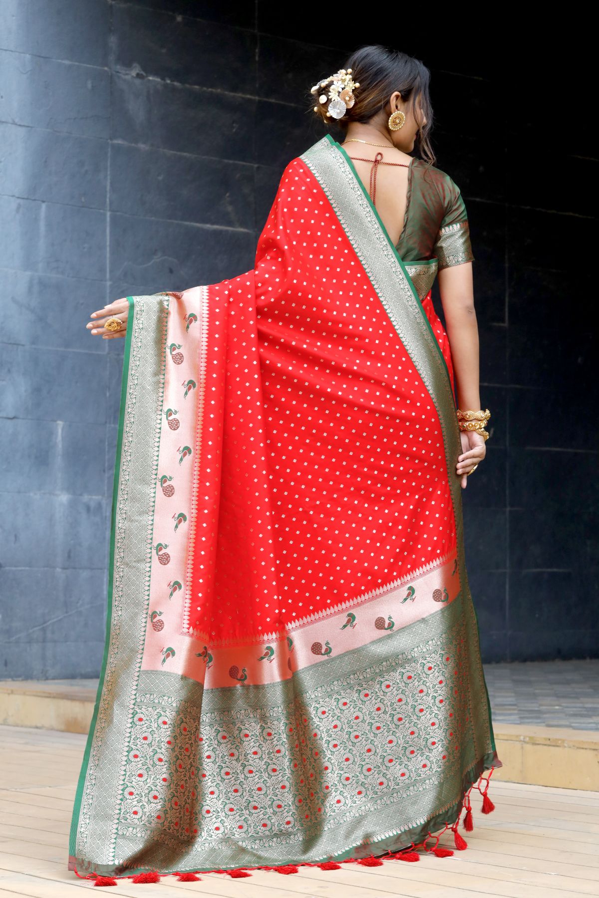 Buy MySilkLove Crimson Red and Green Banarasi Paithani Silk Saree Online