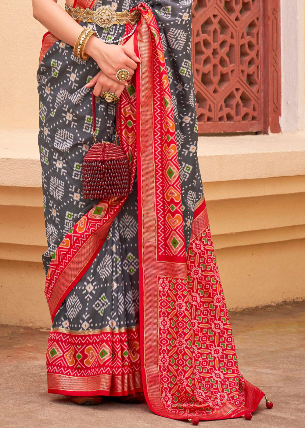 Buy MySilkLove Cloudy Grey and Red Printed Patola Soft Silk Saree Online