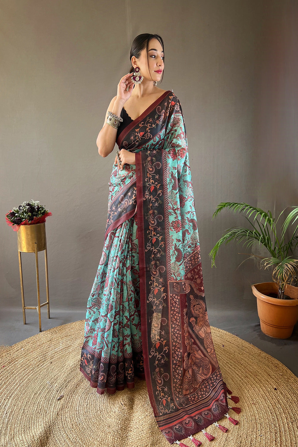 Buy MySilkLove Spray Blue Printed Cotton Kalamkari Saree Online