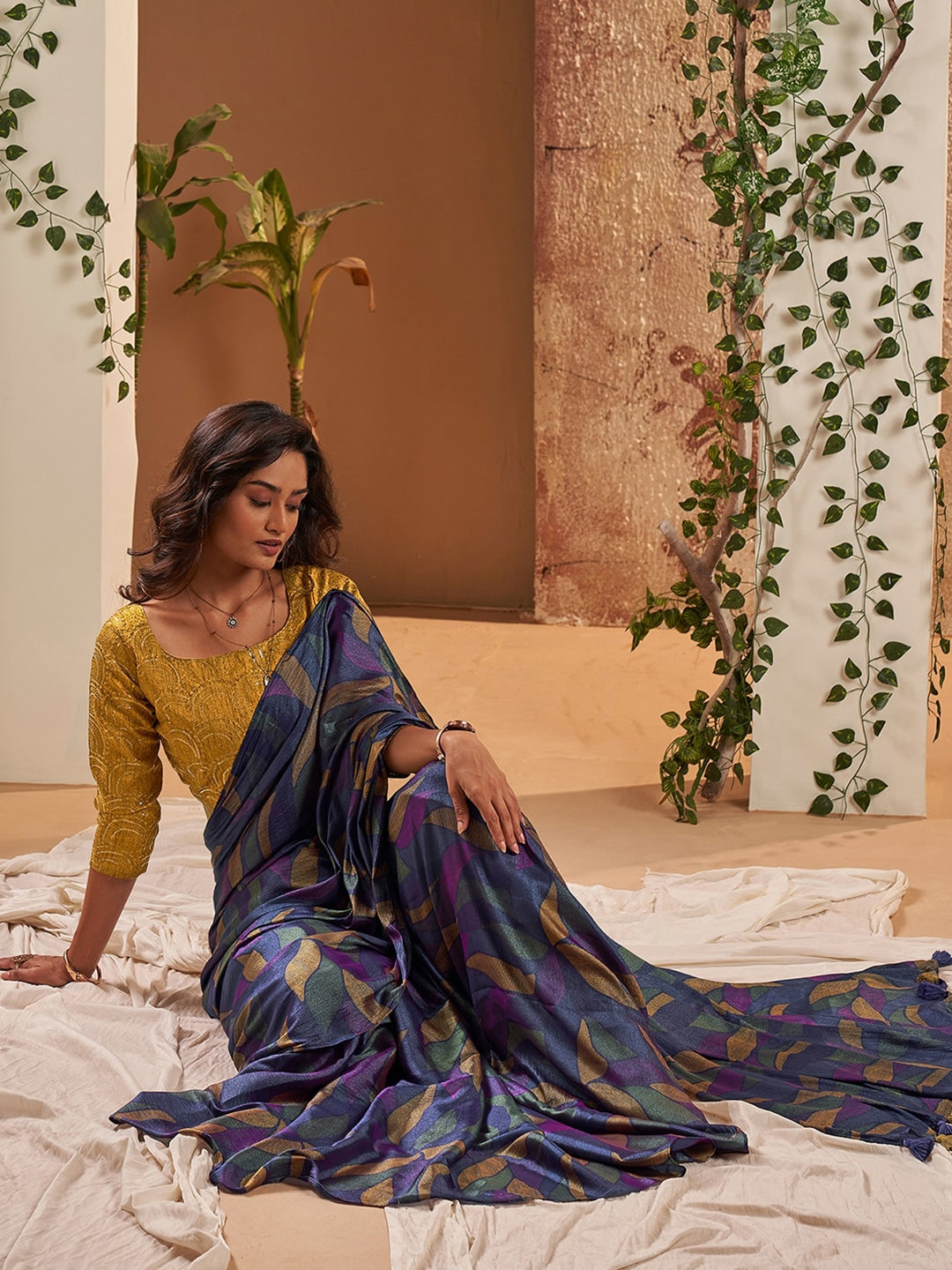 Buy MySilkLove Comet Blue Printed Chiffon Saree With Embroidery Blouse Online