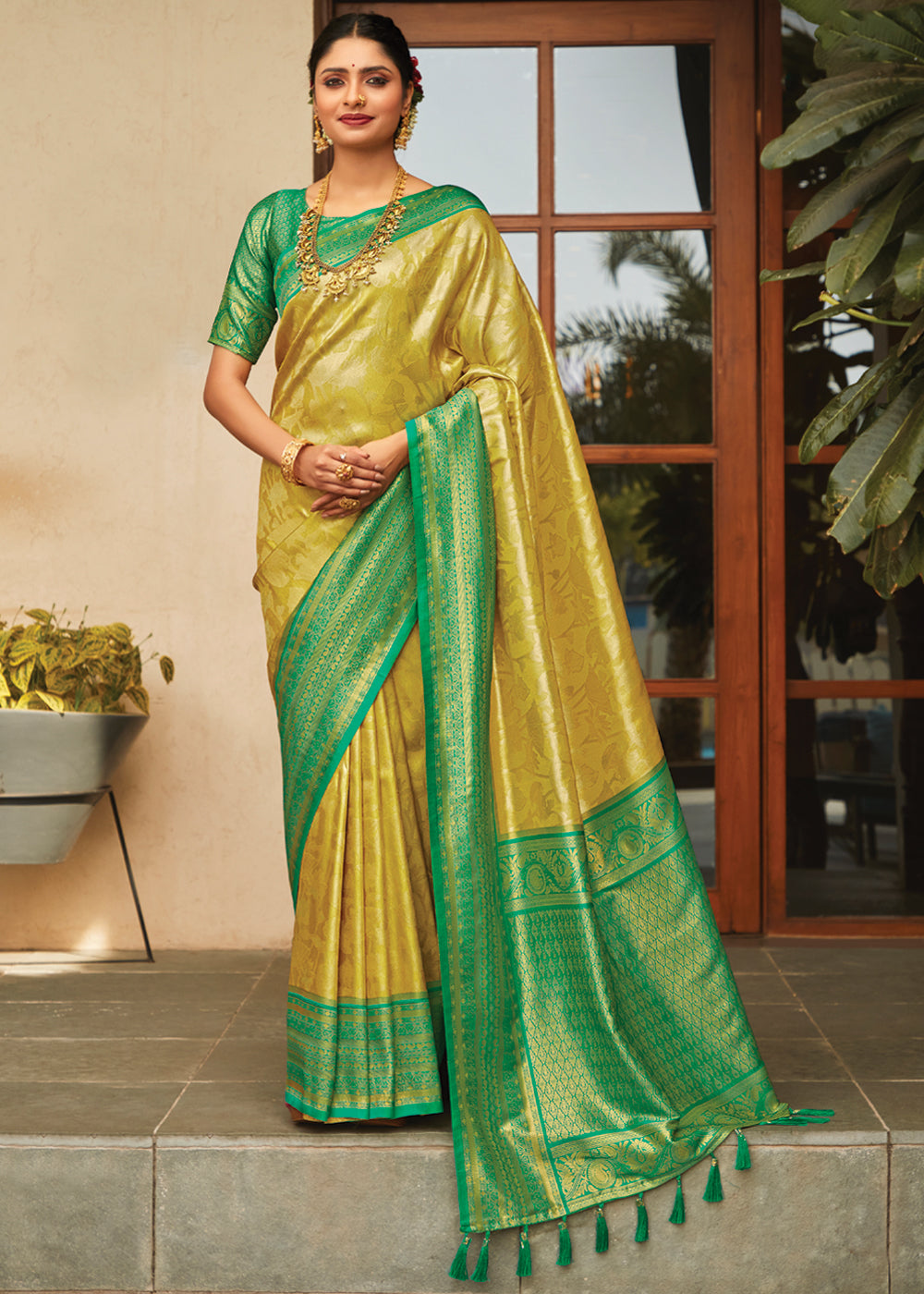 Buy MySilkLove Cream Can Yellow Woven Kanjivaram Saree Online