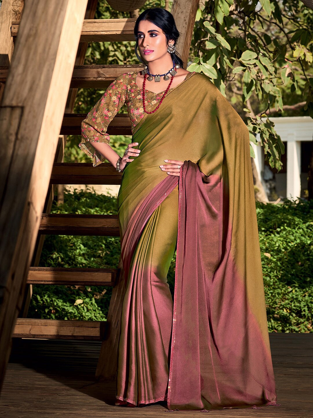Buy MySilkLove Twine Green and Brown Chiffon Saree With Printed Blouse Online
