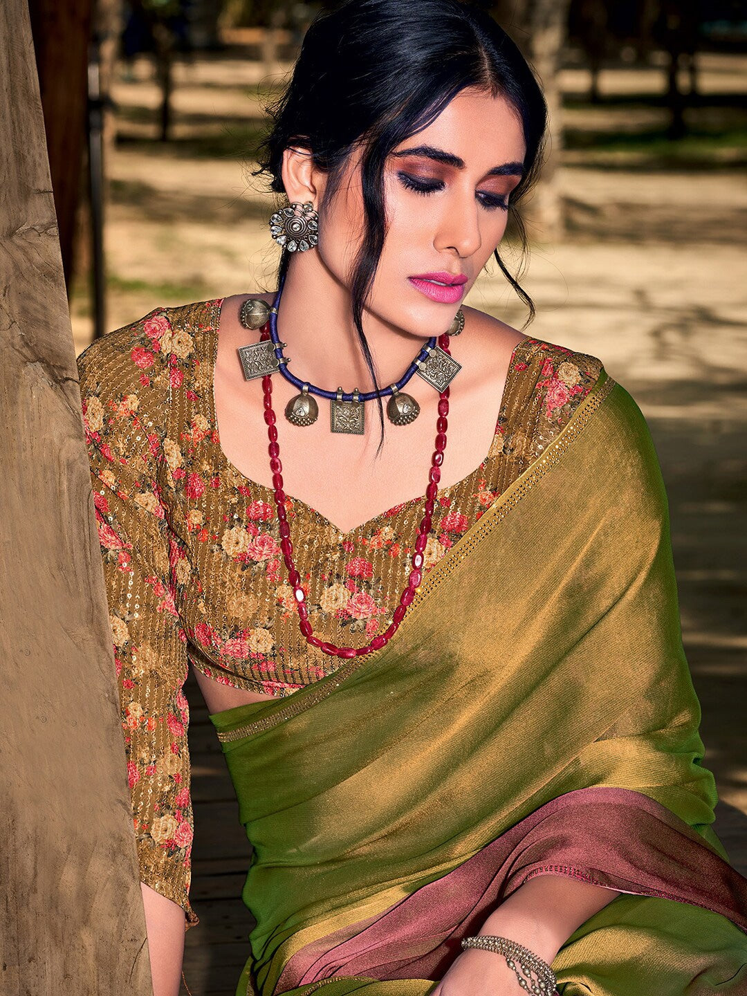 MySilkLove Twine Green and Brown Chiffon Saree With Printed Blouse