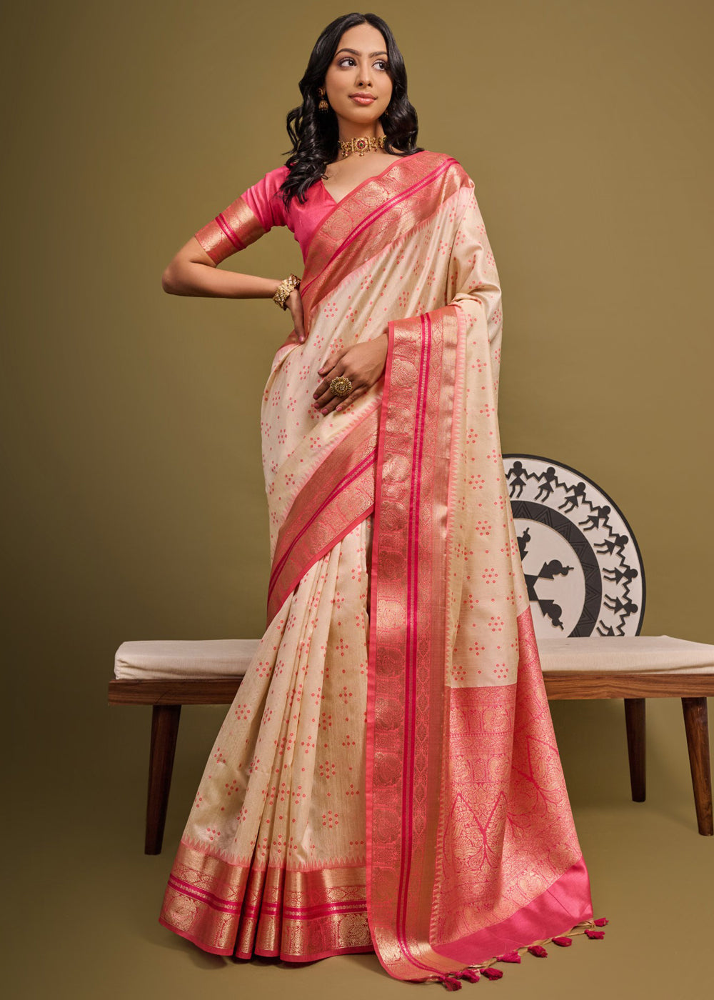 Buy MySilkLove Romantic Cream and Pink Woven Banarasi Soft Silk Saree Online