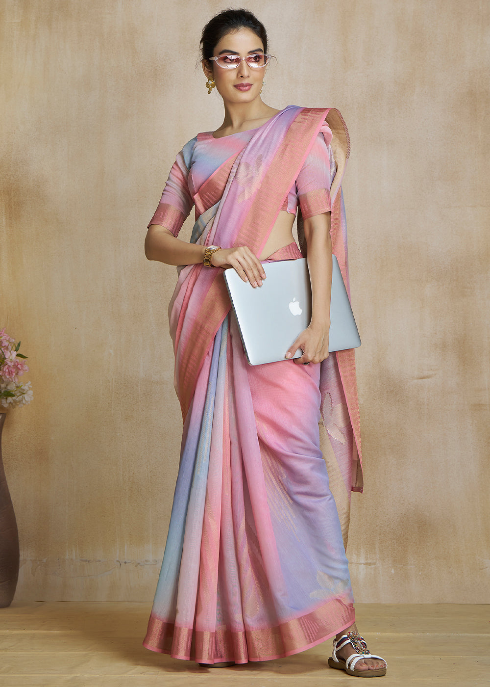 Buy MySilkLove Shilo Pink Tissue Woven Soft Silk Saree Online